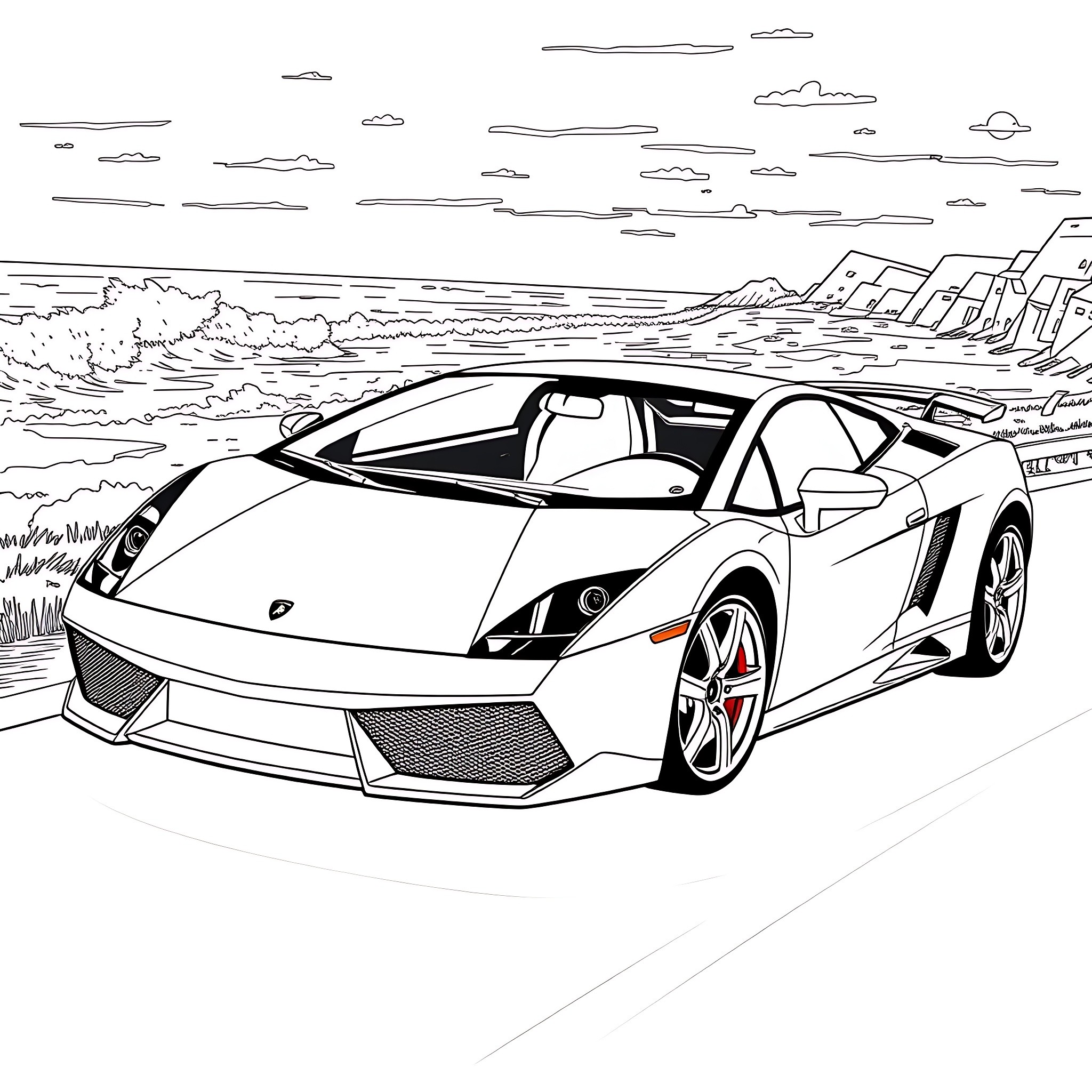 Lamborghini speeding through scenic mountain landscape Coloring Page (free black-and-white line drawing printable PDF for all, from beginners to advanced learners, including children, teens, adults, and seniors)