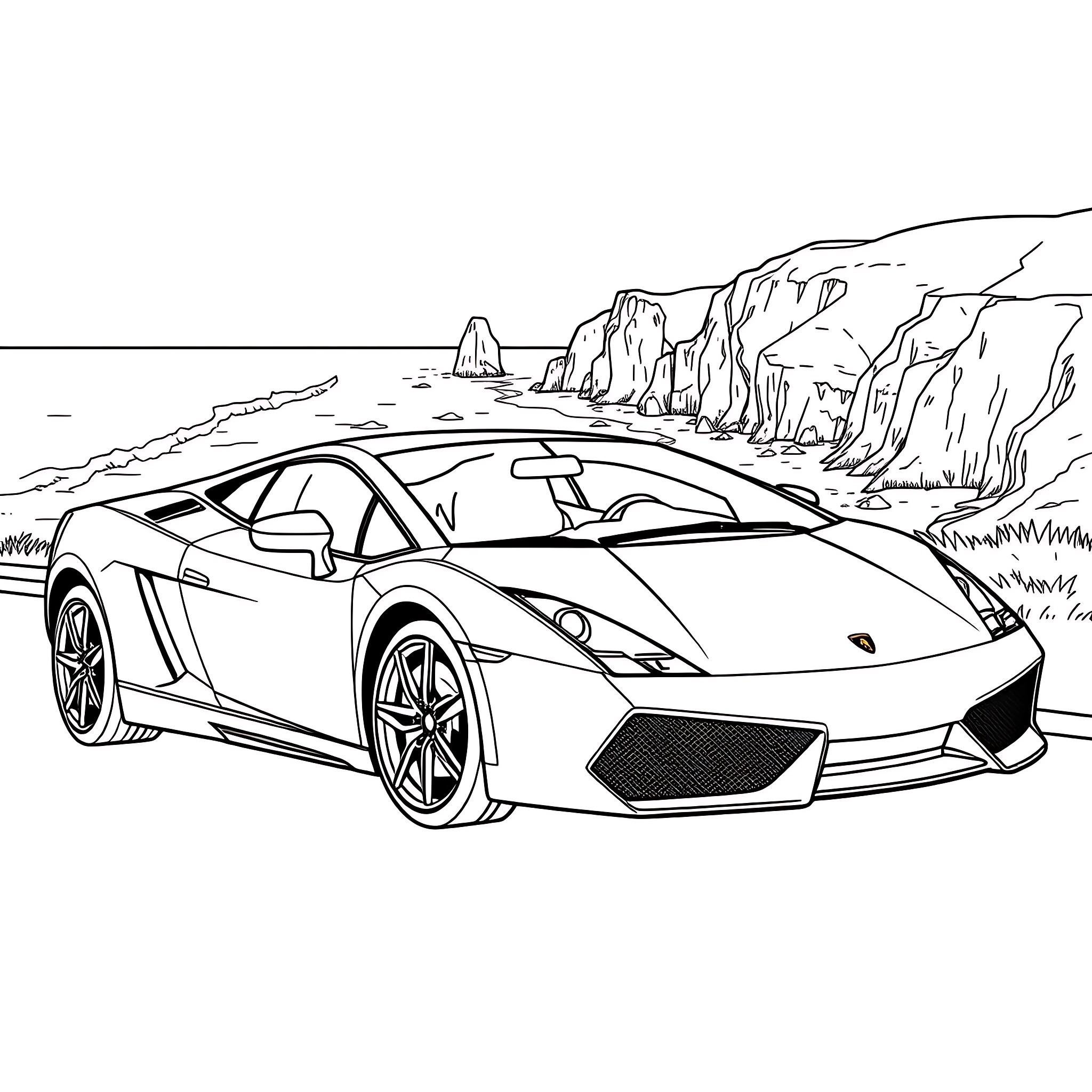 Lamborghini speeding on a scenic coastal road Coloring Page (free black-and-white line drawing printable PDF for all, from beginners to advanced learners, including children, teens, adults, and seniors)