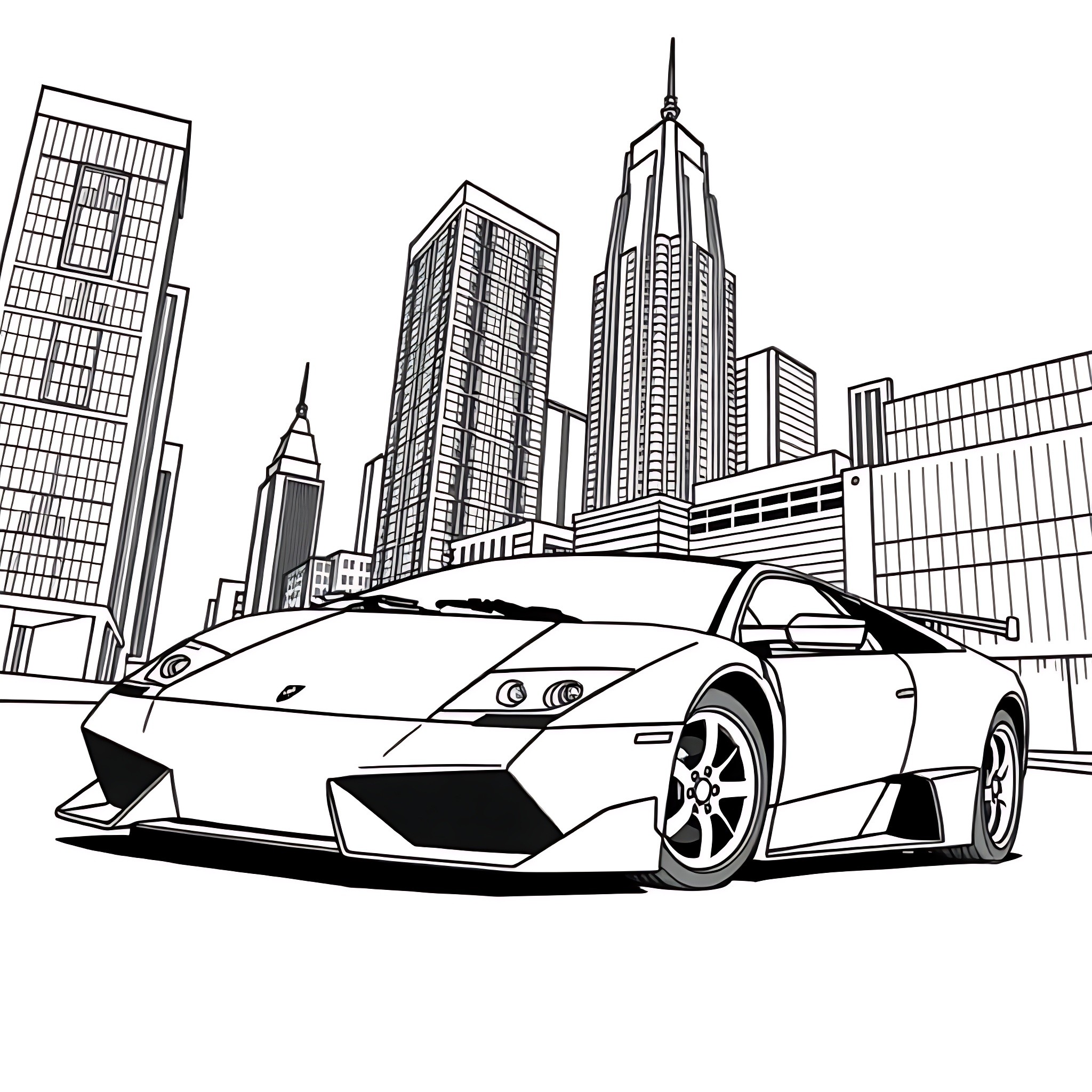 Murcielago sports car in the city Coloring Page (free black-and-white line drawing printable PDF for all, from beginners to advanced learners, including children, teens, adults, and seniors)