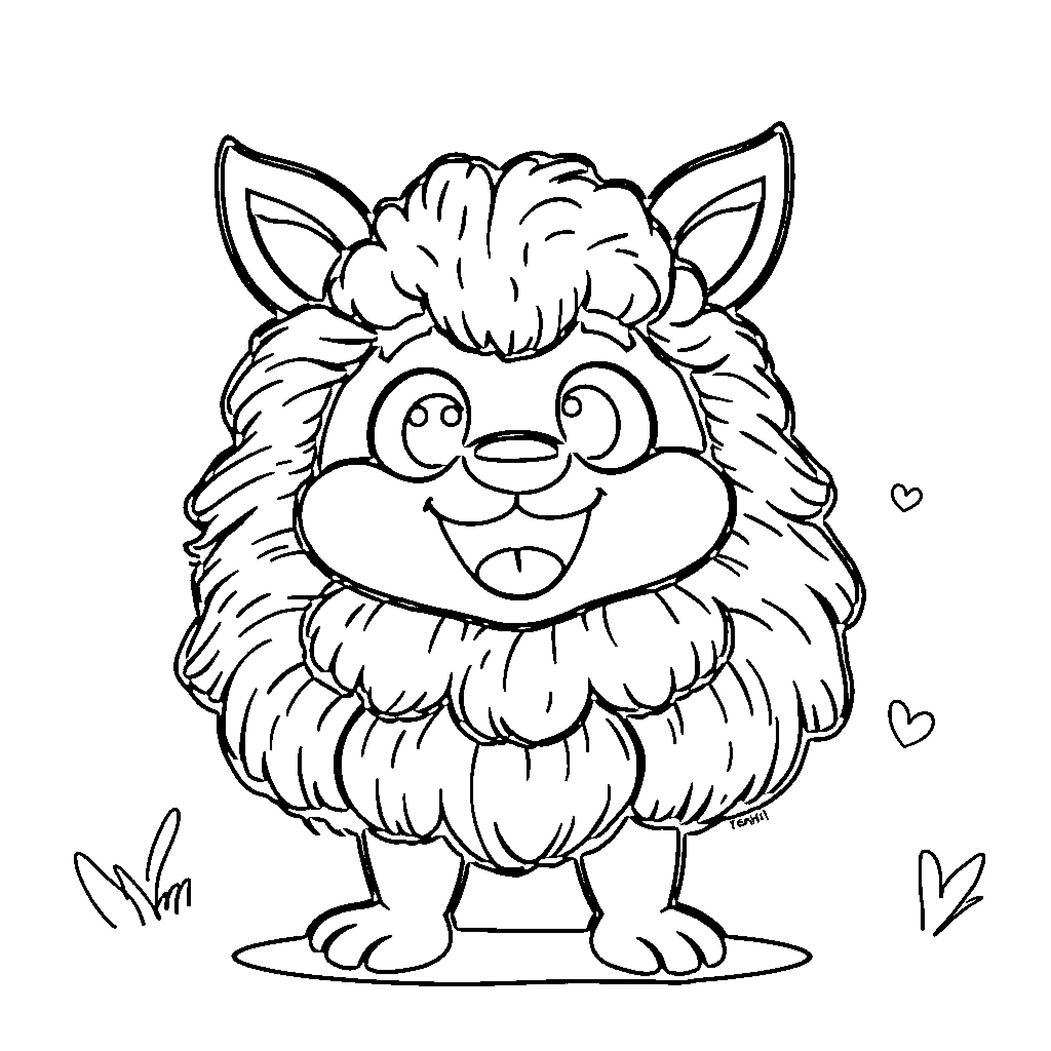 Gombal Fluffy Creature Smiling Cheerfully Coloring Page (free black-and-white line drawing printable PDF for all, from beginners to advanced learners, including children, teens, adults, and seniors)