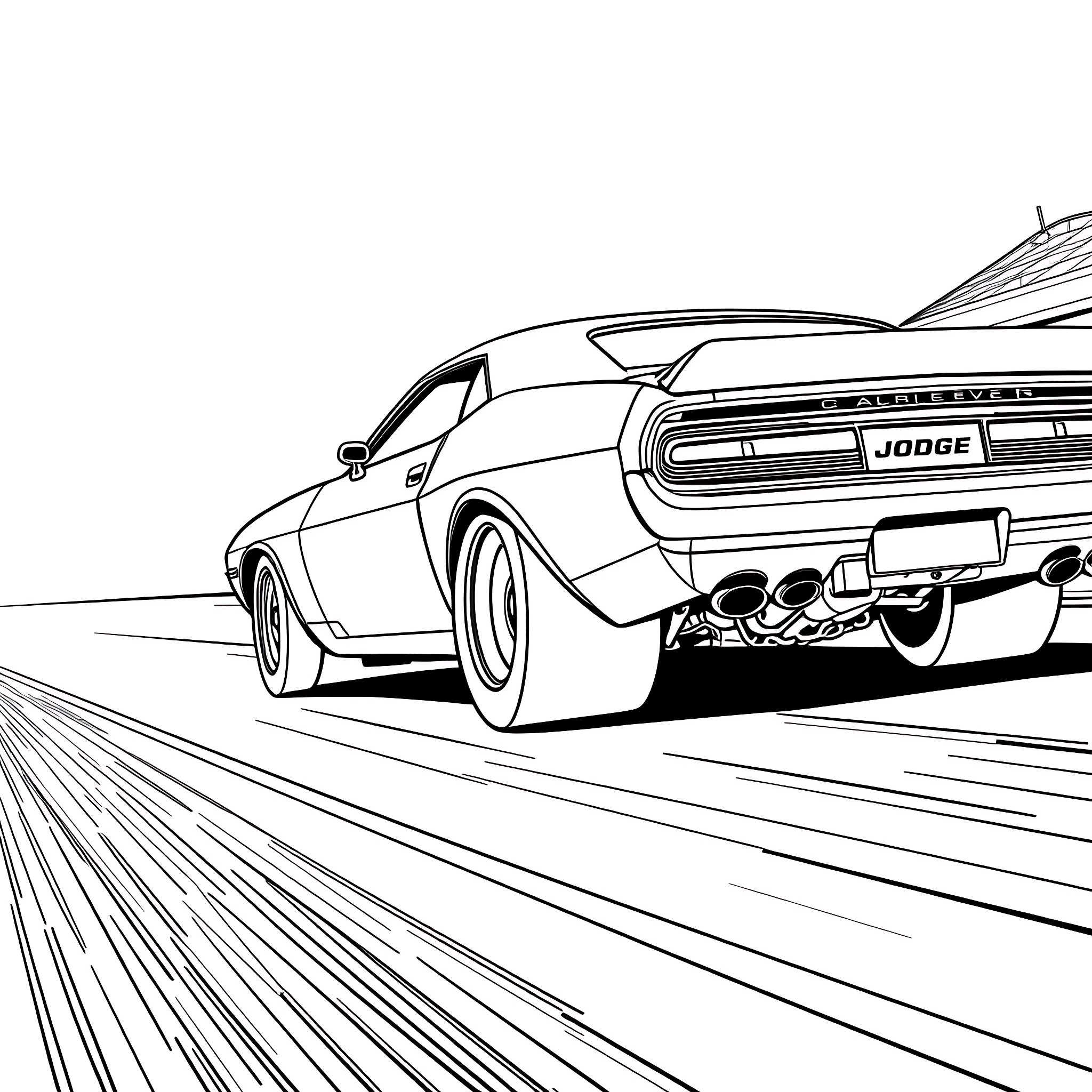 Dodge Challenger speeding down the road Coloring Page (free black-and-white line drawing printable PDF for all, from beginners to advanced learners, including children, teens, adults, and seniors)