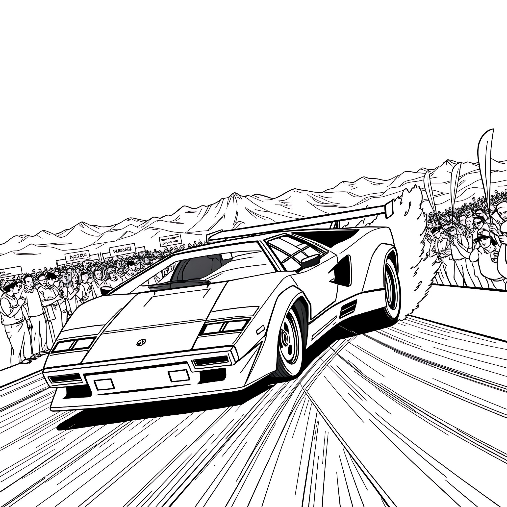 Countach supercar racing through a crowded mountain event Coloring Page (free black-and-white line drawing printable PDF for all, from beginners to advanced learners, including children, teens, adults, and seniors)