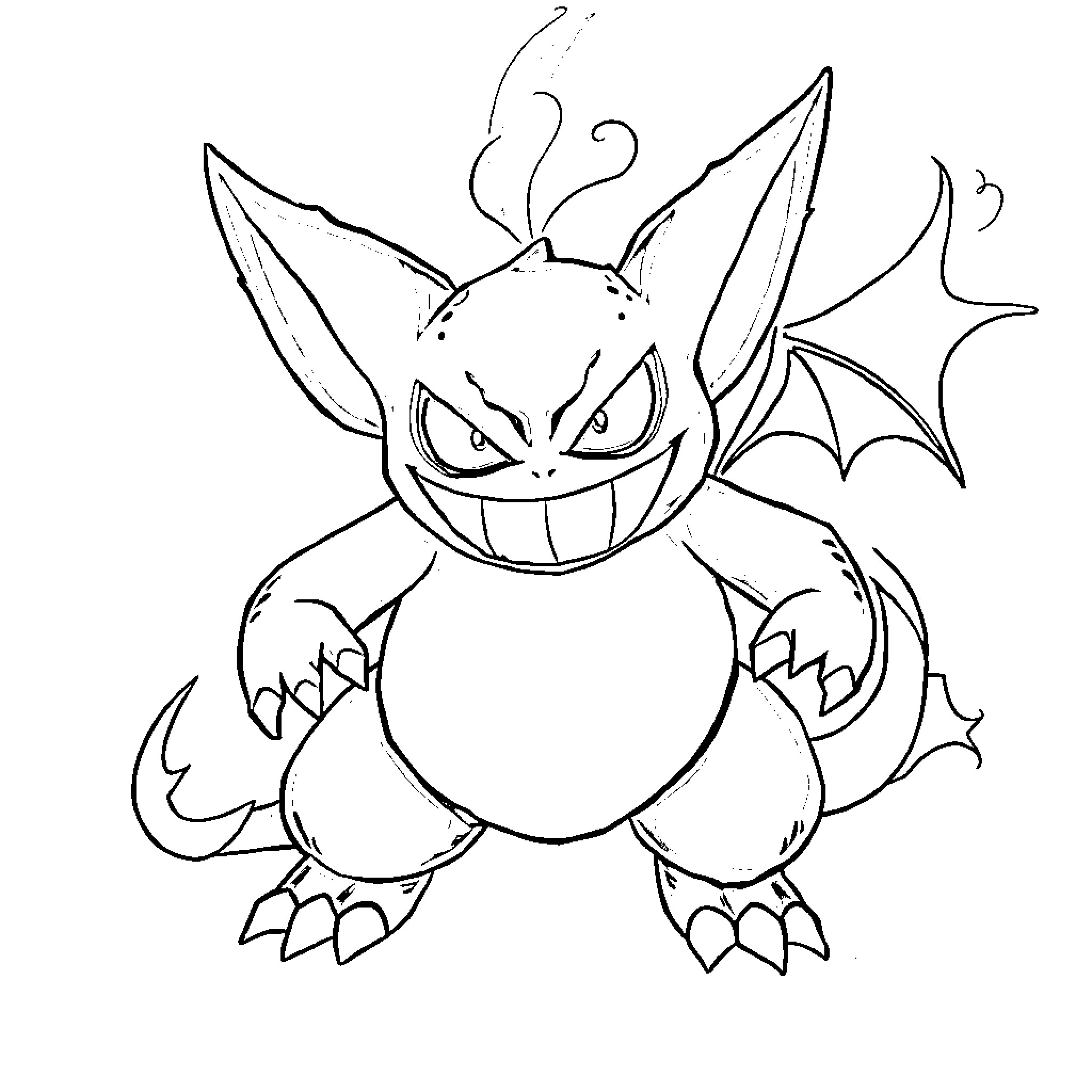 Gengar's Mischievous Grin Coloring Page (free black-and-white line drawing printable PDF for all, from beginners to advanced learners, including children, teens, adults, and seniors)