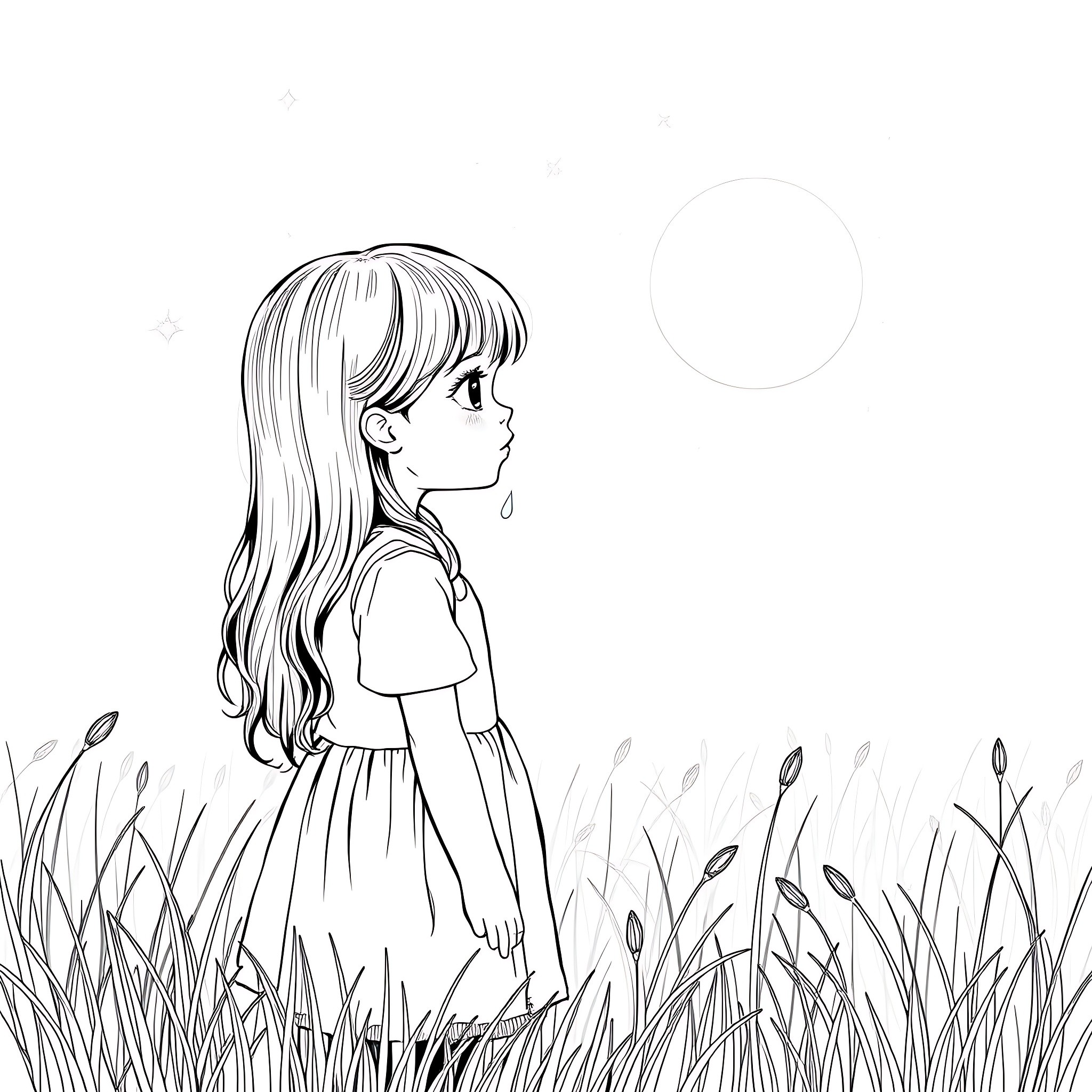 Girl admiring the view in a grassy field Coloring Page (free black-and-white line drawing printable PDF for all, from beginners to advanced learners, including children, teens, adults, and seniors)