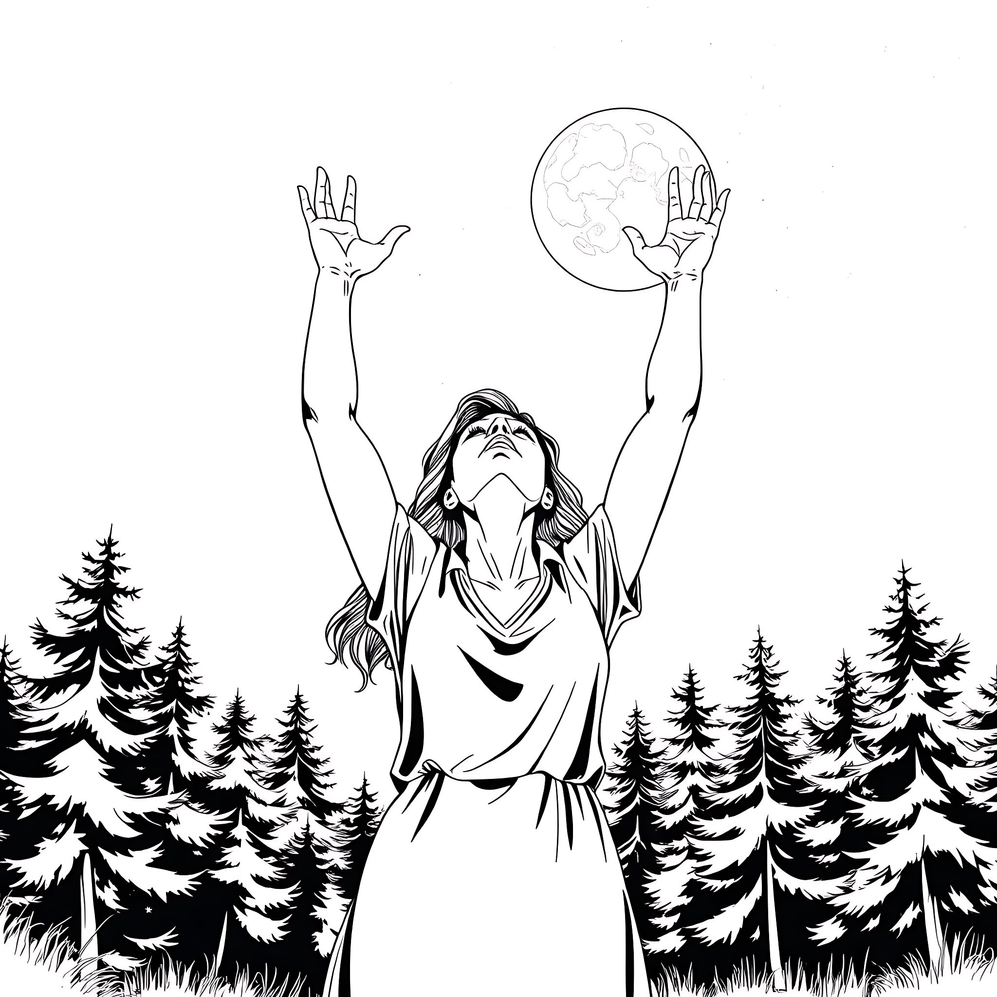 Woman raising her hands towards the moon in a forest Coloring Page (free black-and-white line drawing printable PDF for all, from beginners to advanced learners, including children, teens, adults, and seniors)
