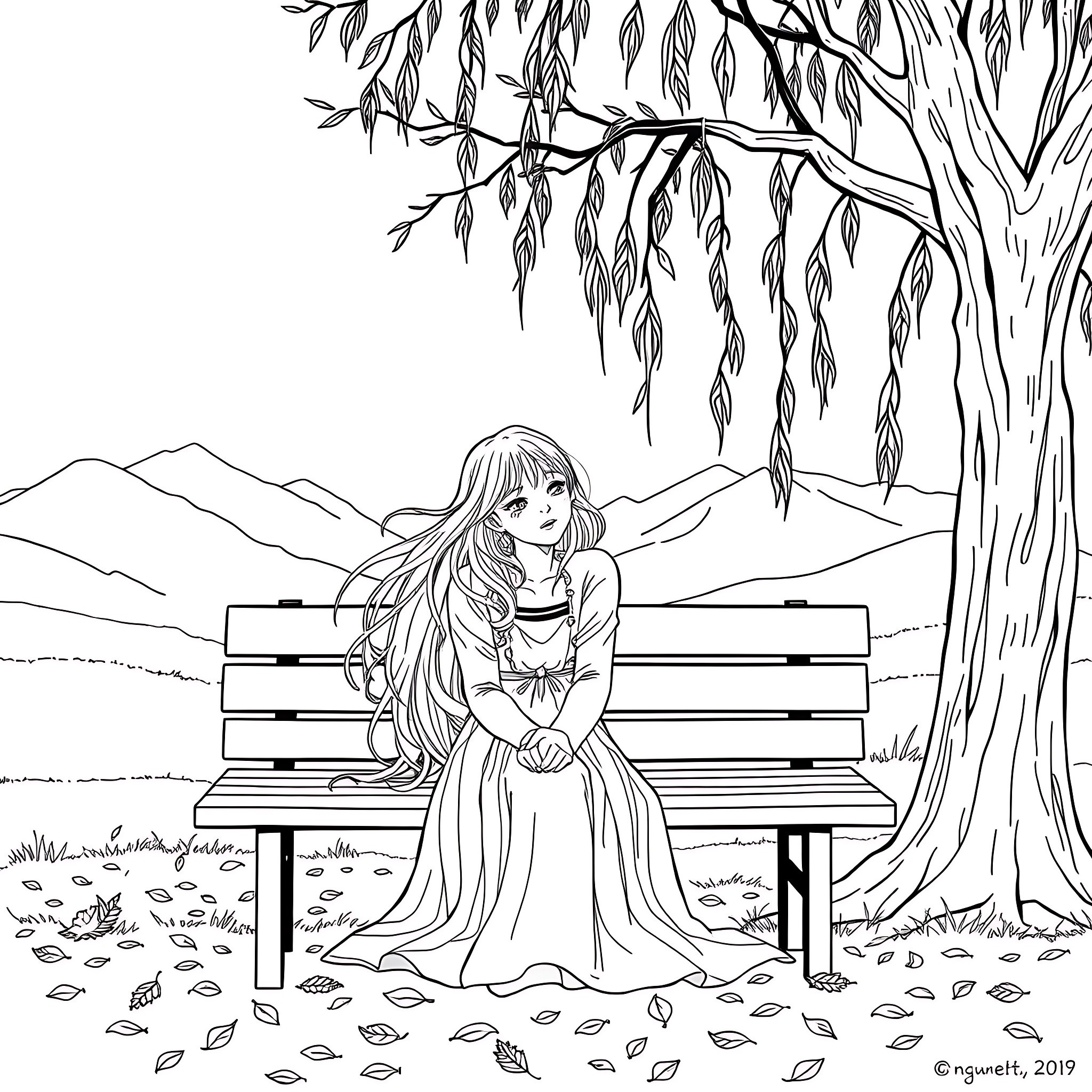 Woman sitting alone on a bench in a serene nature setting Coloring Page (free black-and-white line drawing printable PDF for all, from beginners to advanced learners, including children, teens, adults, and seniors)