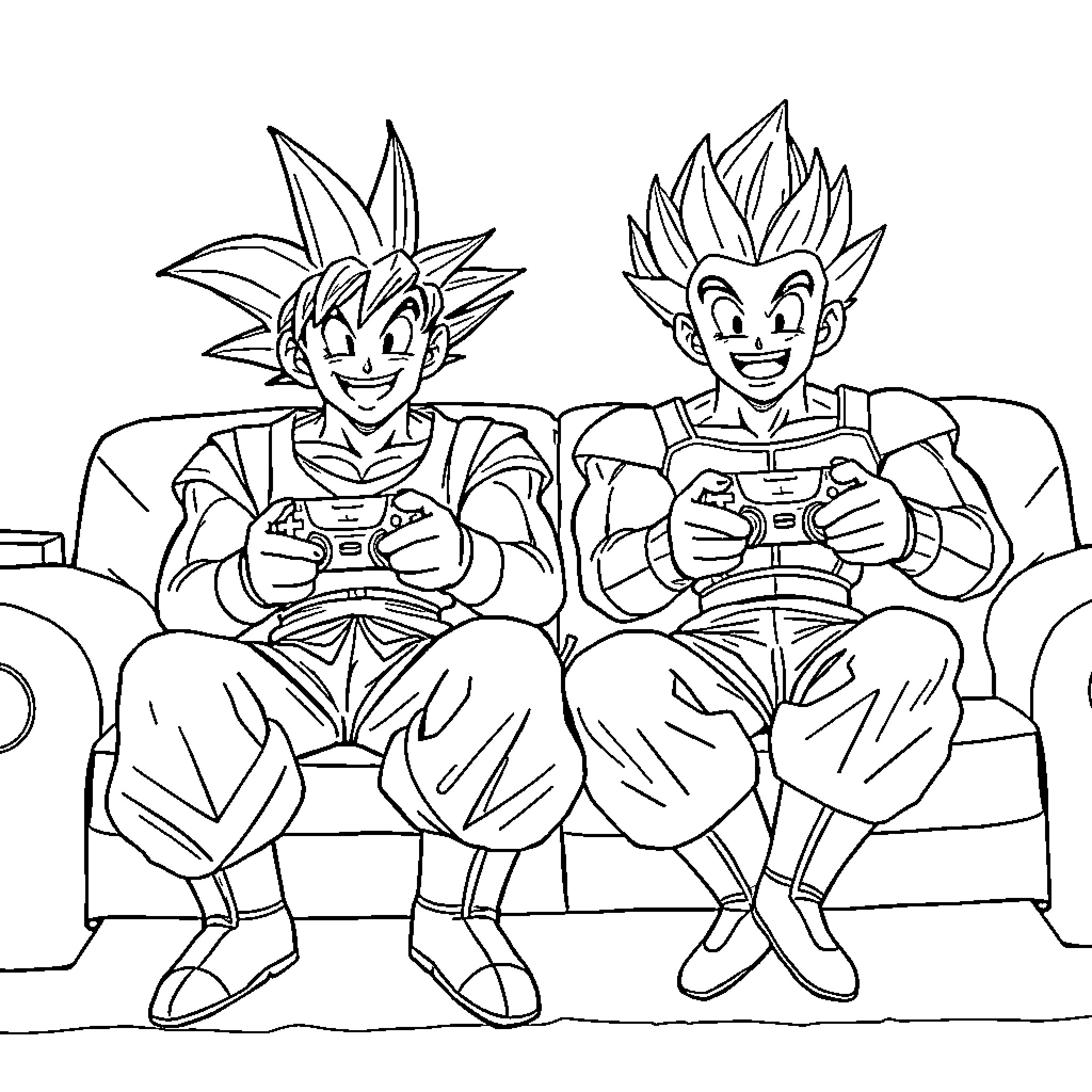 Dragonball Z characters gaming together happily Coloring Page (free black-and-white line drawing printable PDF for all, from beginners to advanced learners, including children, teens, adults, and seniors)