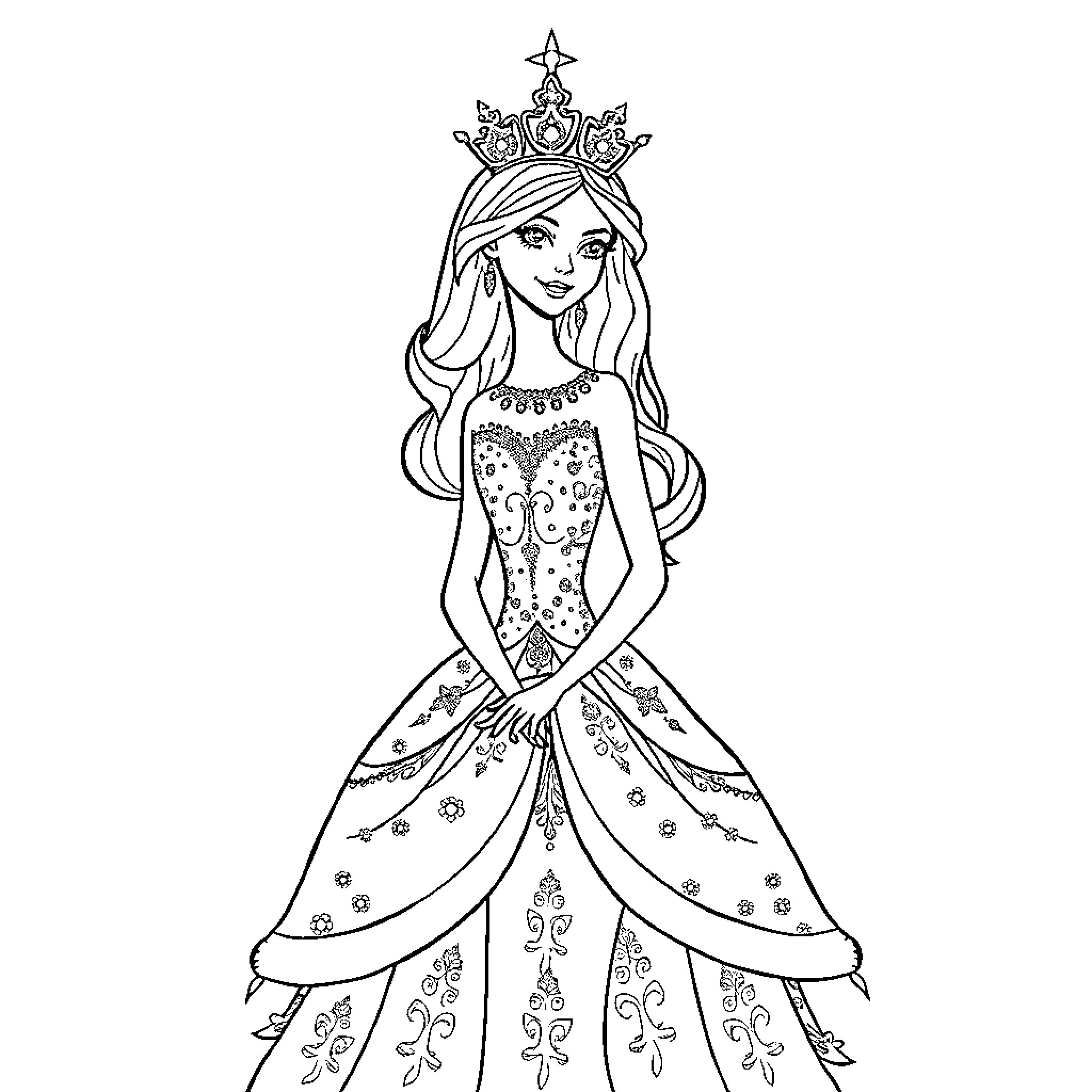 Princess in Elegant Floral Gown and Crown Coloring Page (free black-and-white line drawing printable PDF for all, from beginners to advanced learners, including children, teens, adults, and seniors)
