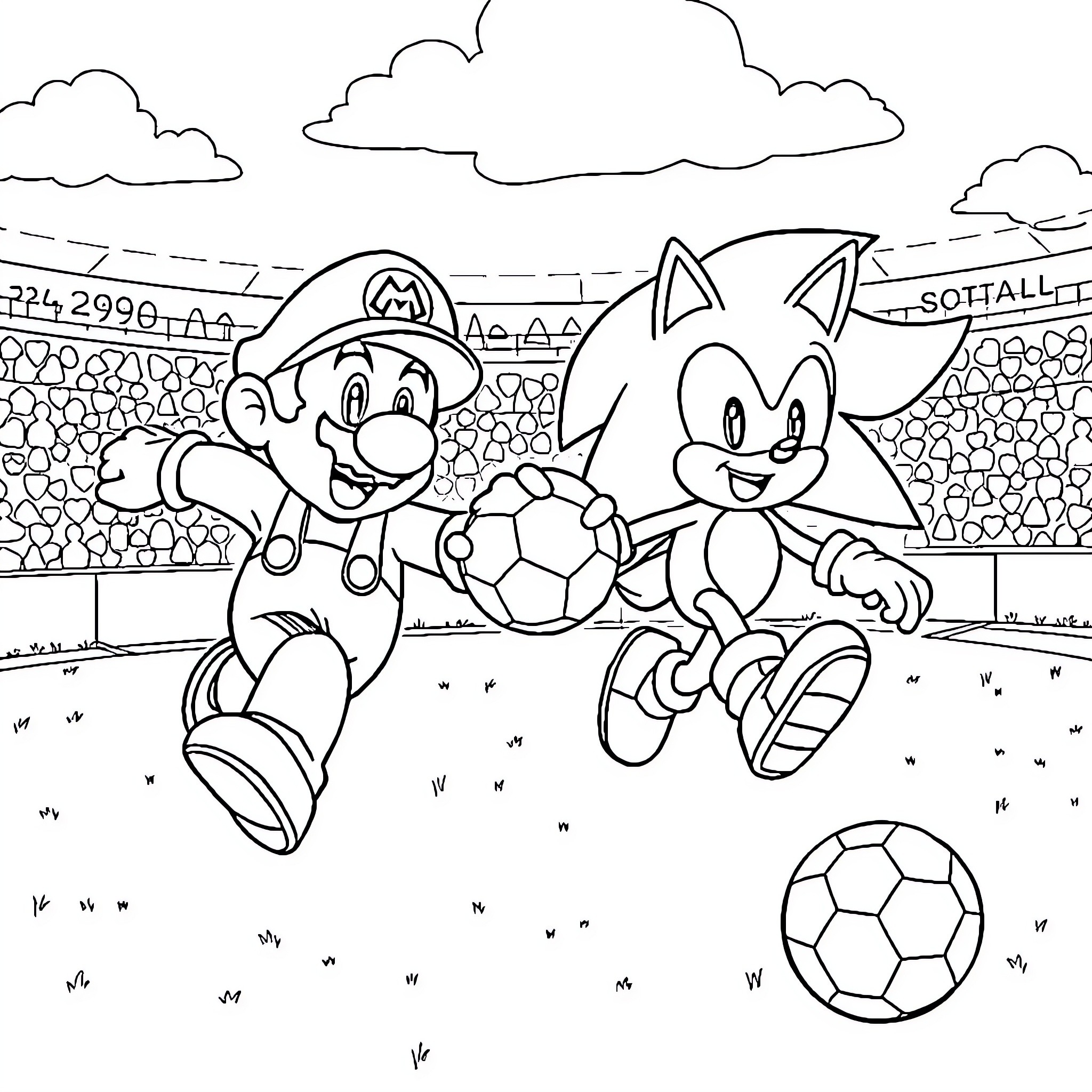 Mario and Sonic playing soccer together Coloring Page (free black-and-white line drawing printable PDF for all, from beginners to advanced learners, including children, teens, adults, and seniors)