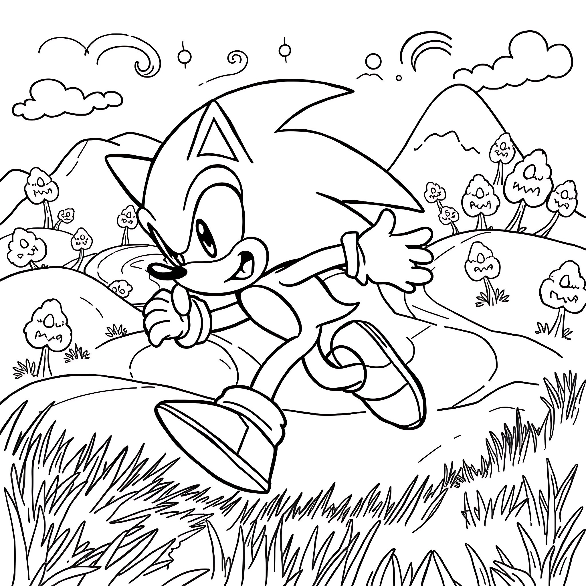 Sonic's Playful Outdoor Adventure Coloring Page (free black-and-white line drawing printable PDF for all, from beginners to advanced learners, including children, teens, adults, and seniors)
