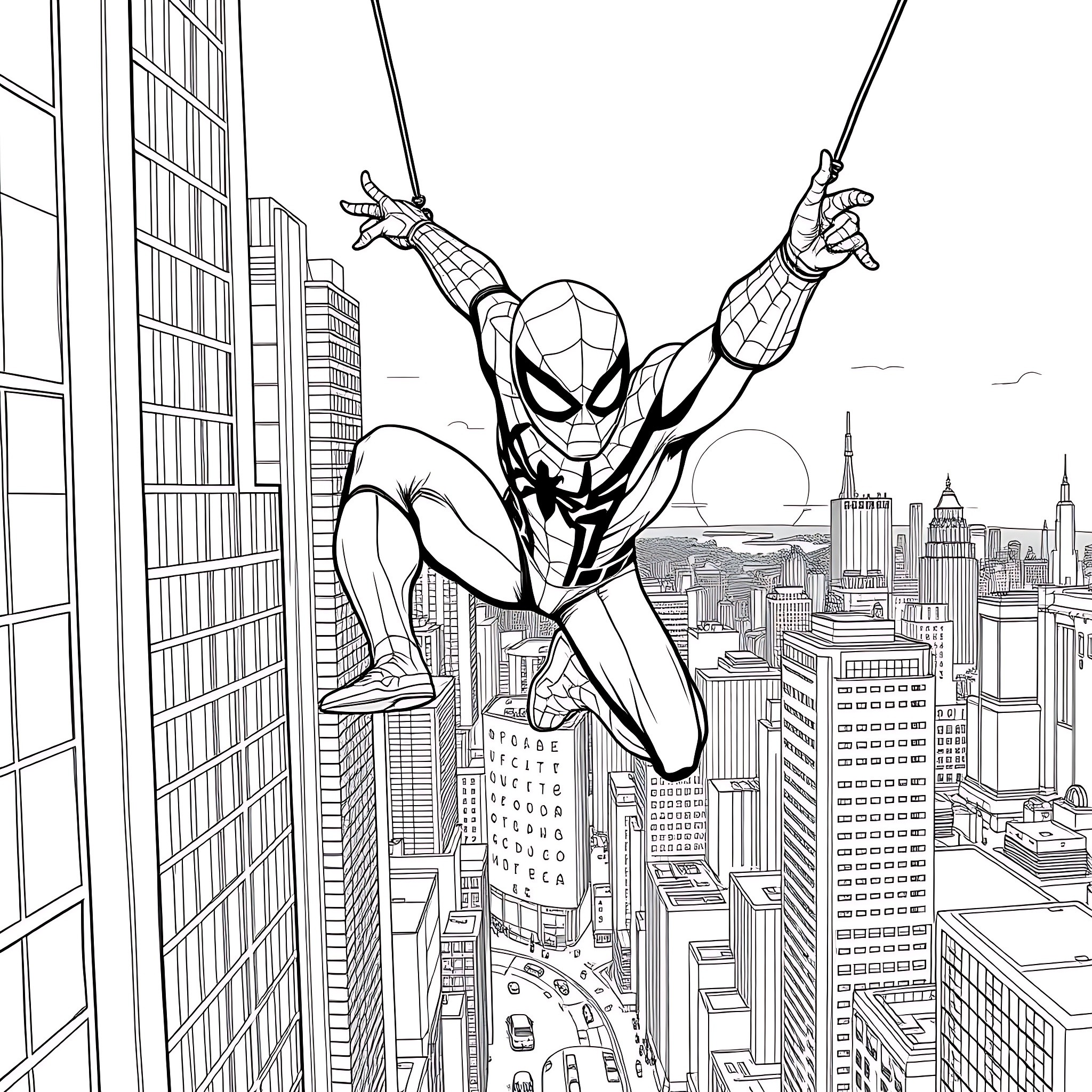 Spiderman swinging heroically through the city skyline Coloring Page (free black-and-white line drawing printable PDF for all, from beginners to advanced learners, including children, teens, adults, and seniors)