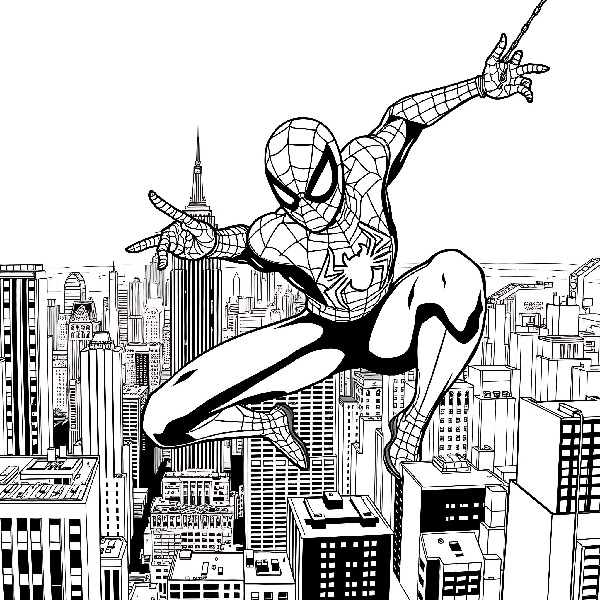 Spiderman swinging heroically over the cityscape Coloring Page (free black-and-white line drawing printable PDF for all, from beginners to advanced learners, including children, teens, adults, and seniors)