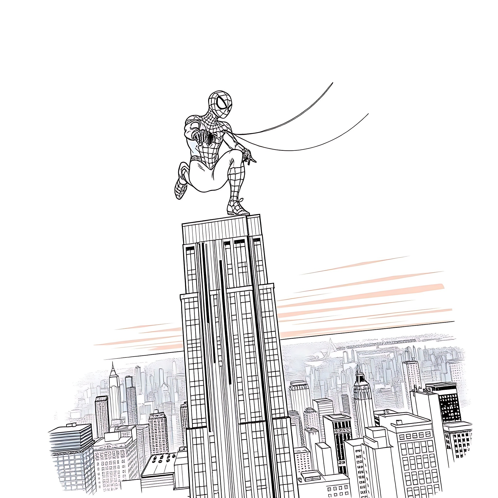 Spiderman swinging through the city skyline Coloring Page (free black-and-white line drawing printable PDF for all, from beginners to advanced learners, including children, teens, adults, and seniors)