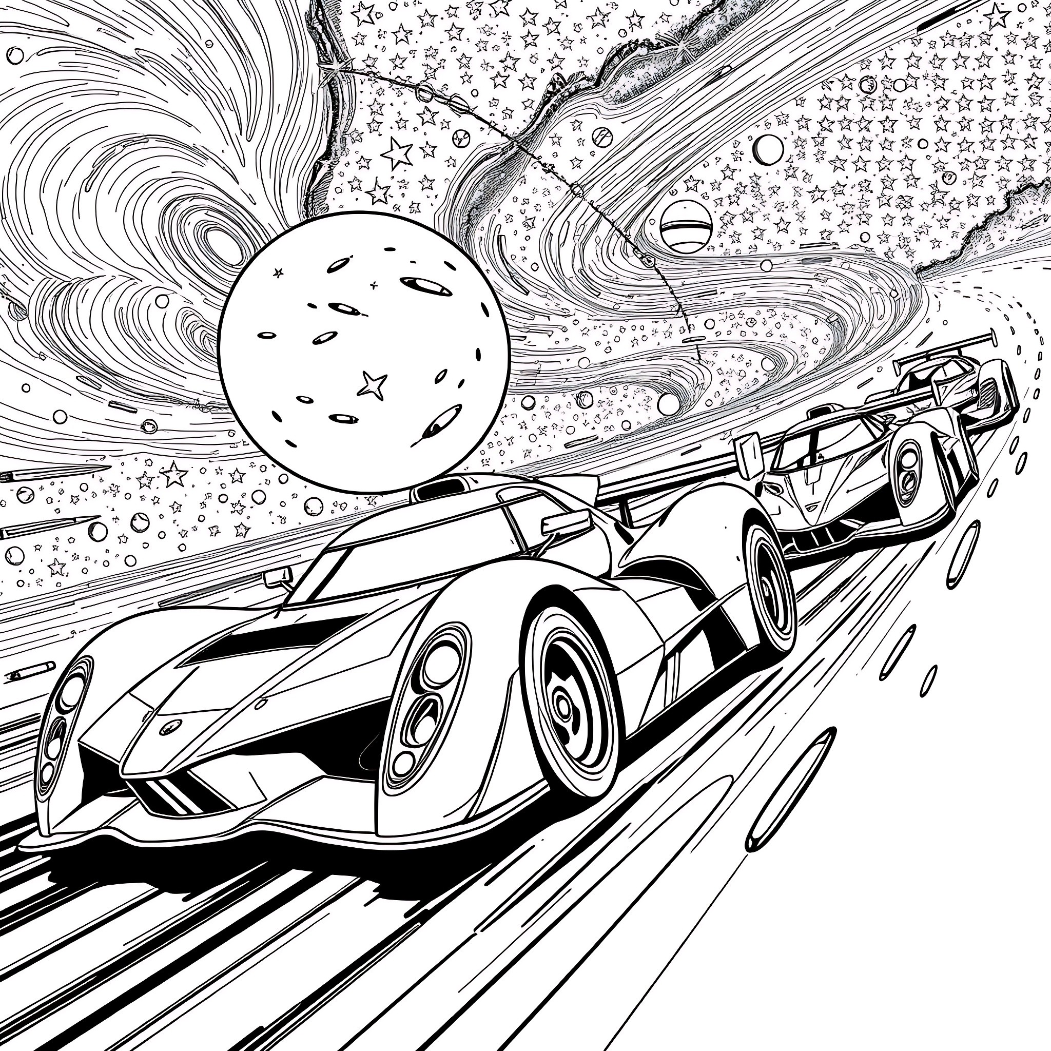 Car racing through cosmic universe Coloring Page (free black-and-white line drawing printable PDF for all, from beginners to advanced learners, including children, teens, adults, and seniors)