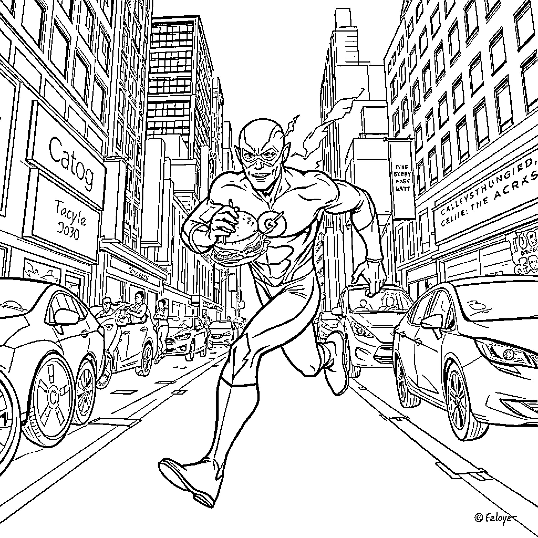 Flash Superhero Races Through Busy City Street Coloring Page (free black-and-white line drawing printable PDF for all, from beginners to advanced learners, including children, teens, adults, and seniors)