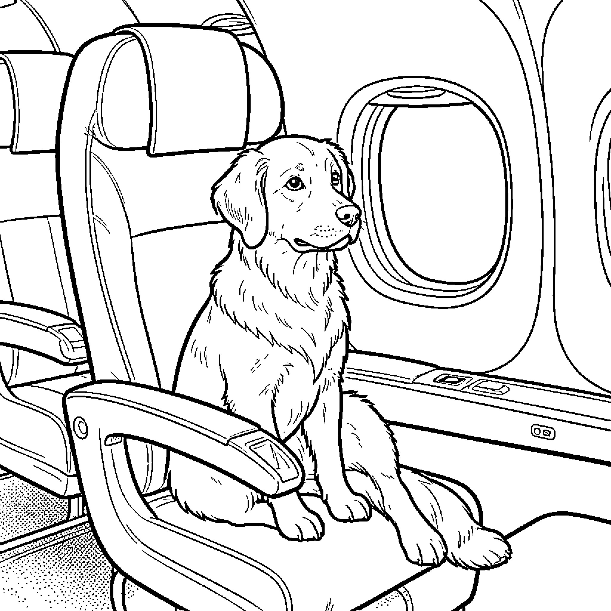 Perra enjoying the plane ride Coloring Page (free black-and-white line drawing printable PDF for all, from beginners to advanced learners, including children, teens, adults, and seniors)