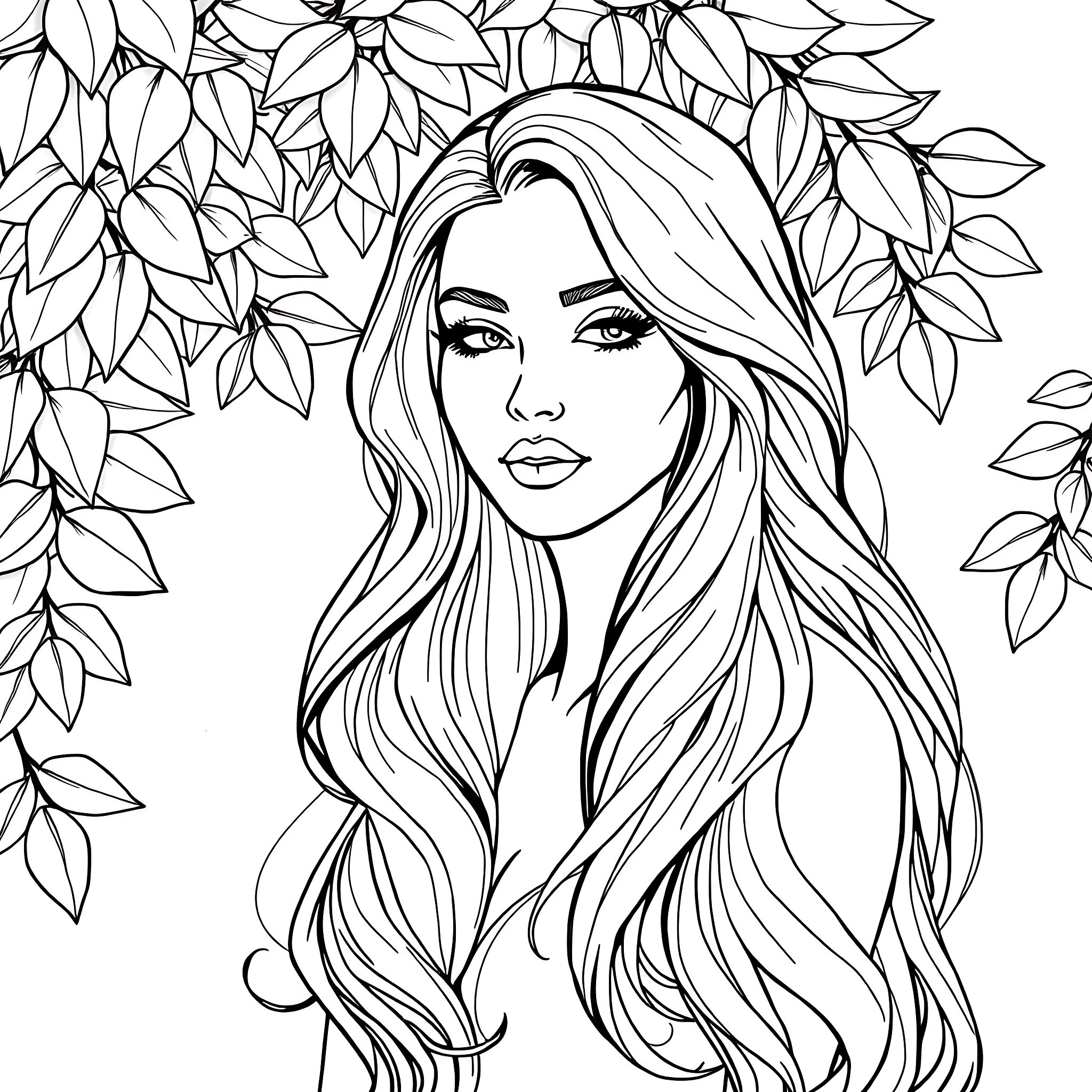 Woman with Long Hair Amid Lush Foliage Coloring Page (free black-and-white line drawing printable PDF for all, from beginners to advanced learners, including children, teens, adults, and seniors)