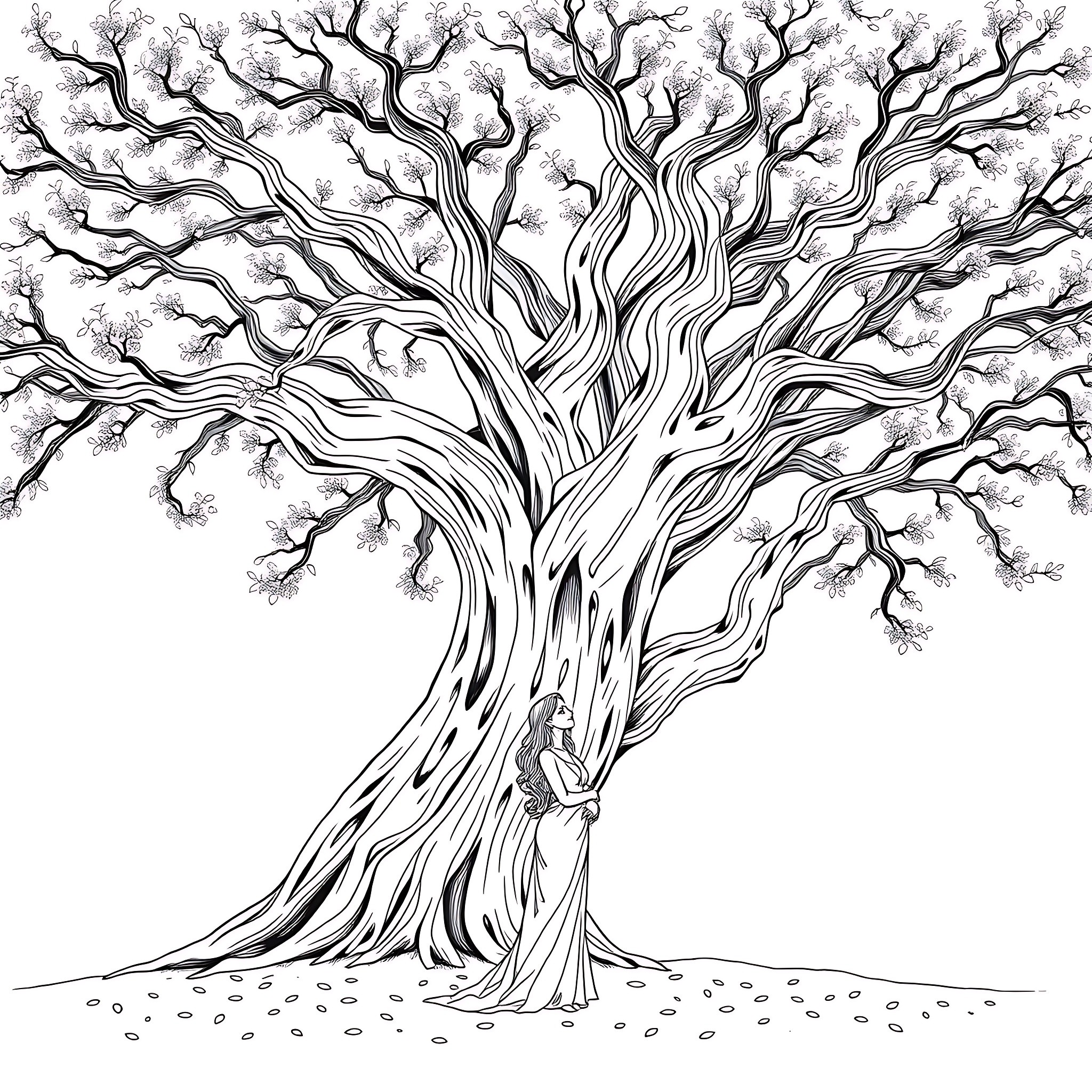 Woman sitting under large, twisted tree with bare branches Coloring Page (free black-and-white line drawing printable PDF for all, from beginners to advanced learners, including children, teens, adults, and seniors)