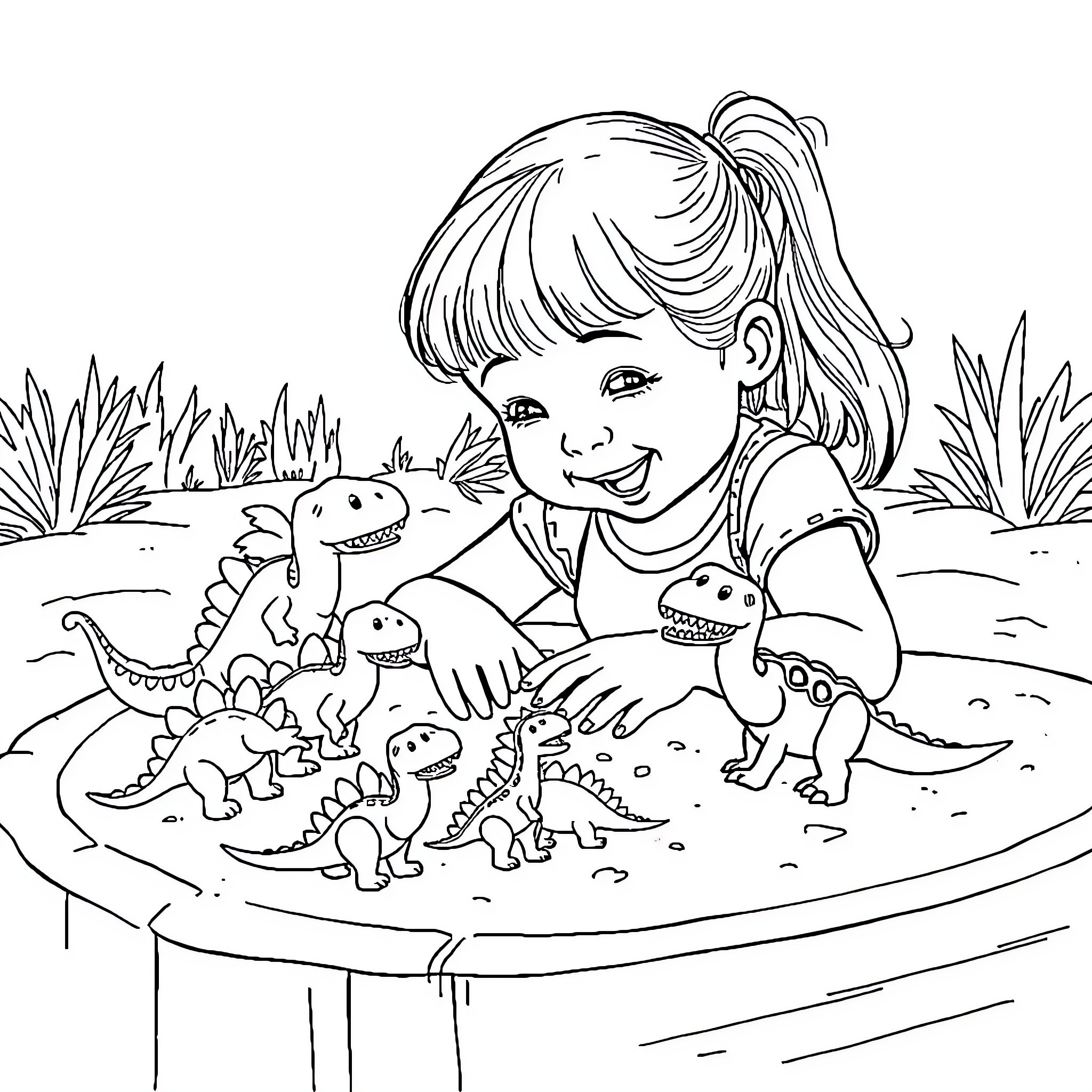 Rachael playing with toy dinosaurs in the park Coloring Page (free black-and-white line drawing printable PDF for all, from beginners to advanced learners, including children, teens, adults, and seniors)