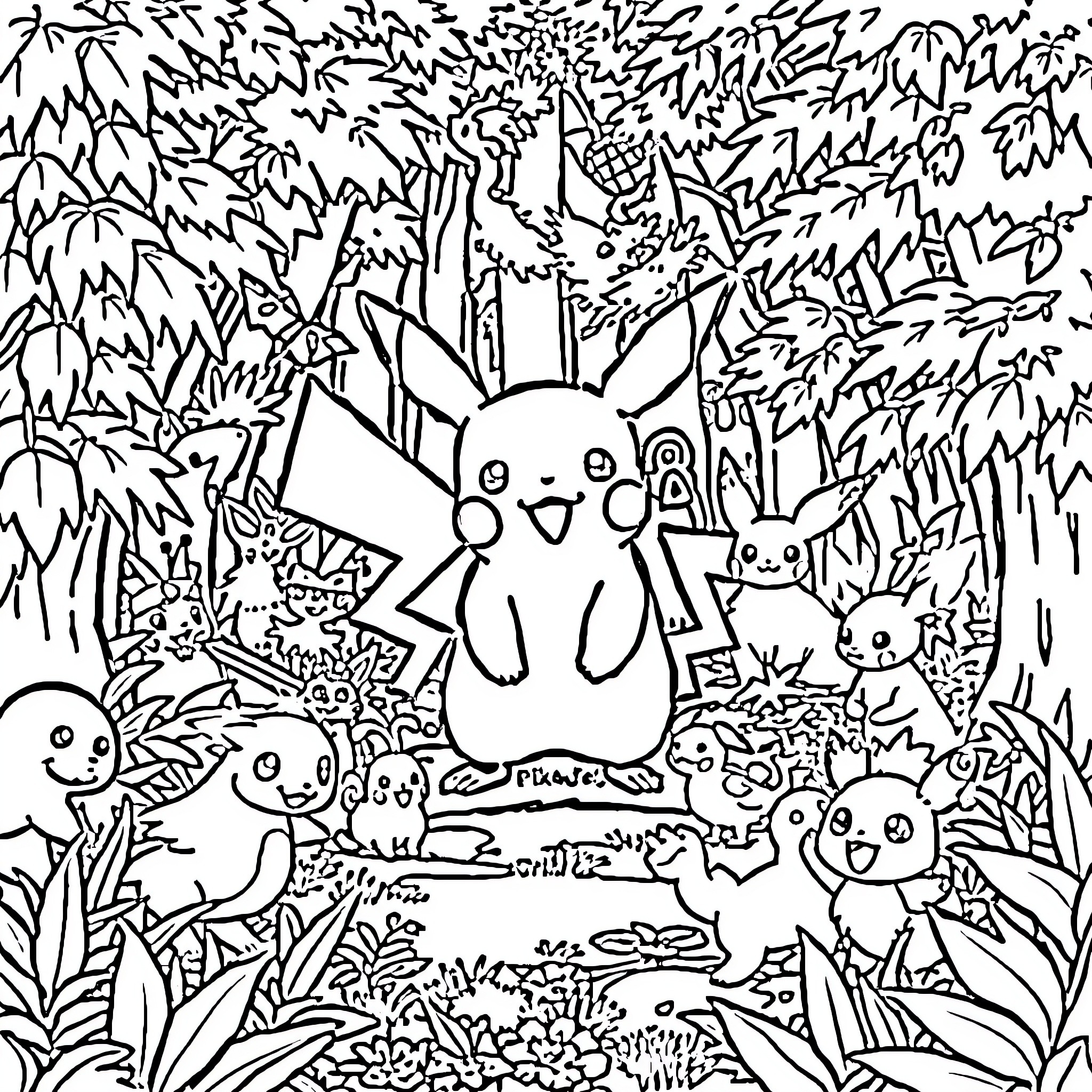 Pikachu Surrounded by Playful Pokemon in the Forest Coloring Page (free black-and-white line drawing printable PDF for all, from beginners to advanced learners, including children, teens, adults, and seniors)