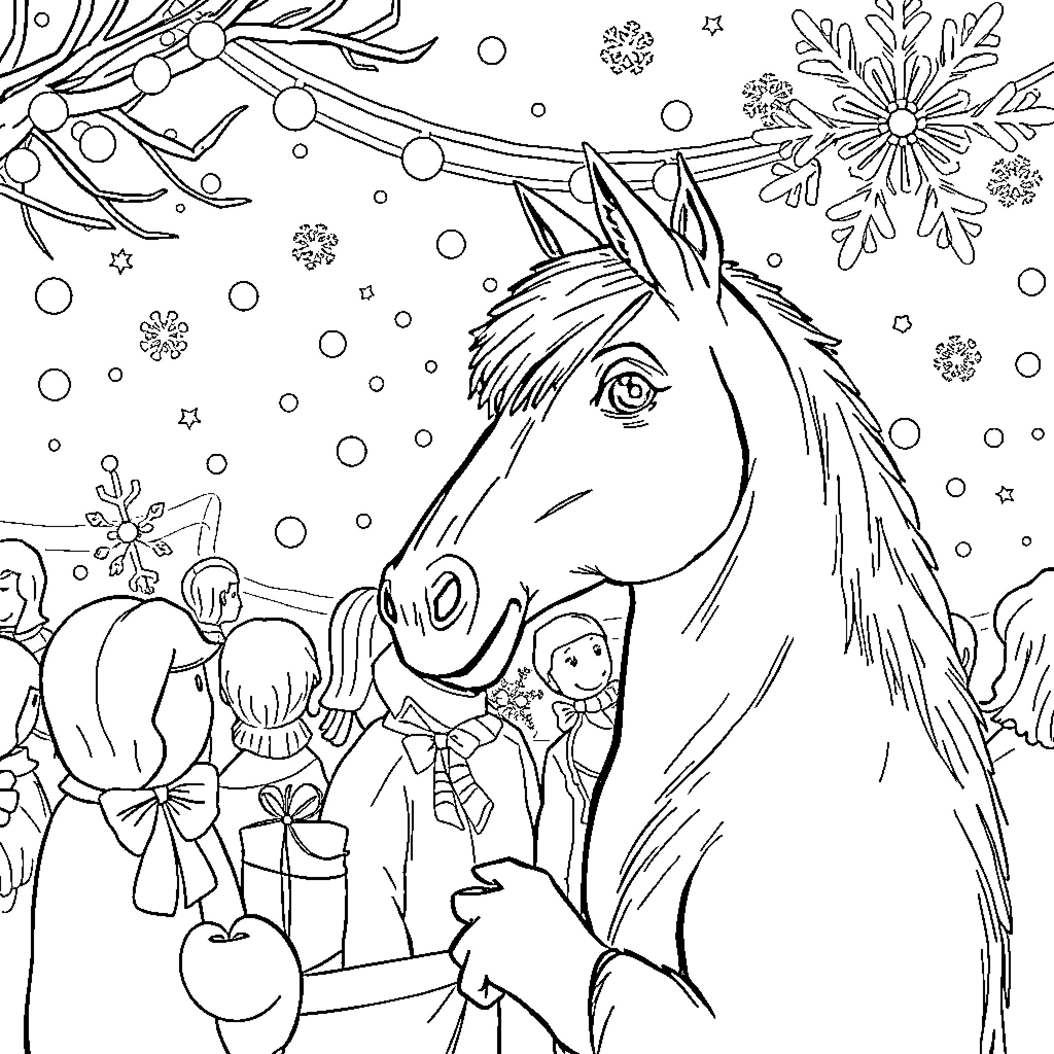 Huntrix Festive Scene with Snowflakes and Horse Coloring Page (free black-and-white line drawing printable PDF for all, from beginners to advanced learners, including children, teens, adults, and seniors)