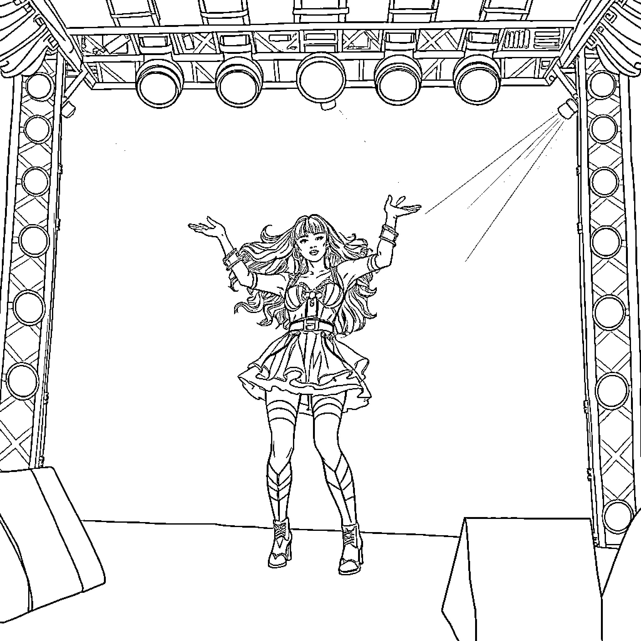 Kpop Performer on Illuminated Stage Coloring Page (free black-and-white line drawing printable PDF for all, from beginners to advanced learners, including children, teens, adults, and seniors)