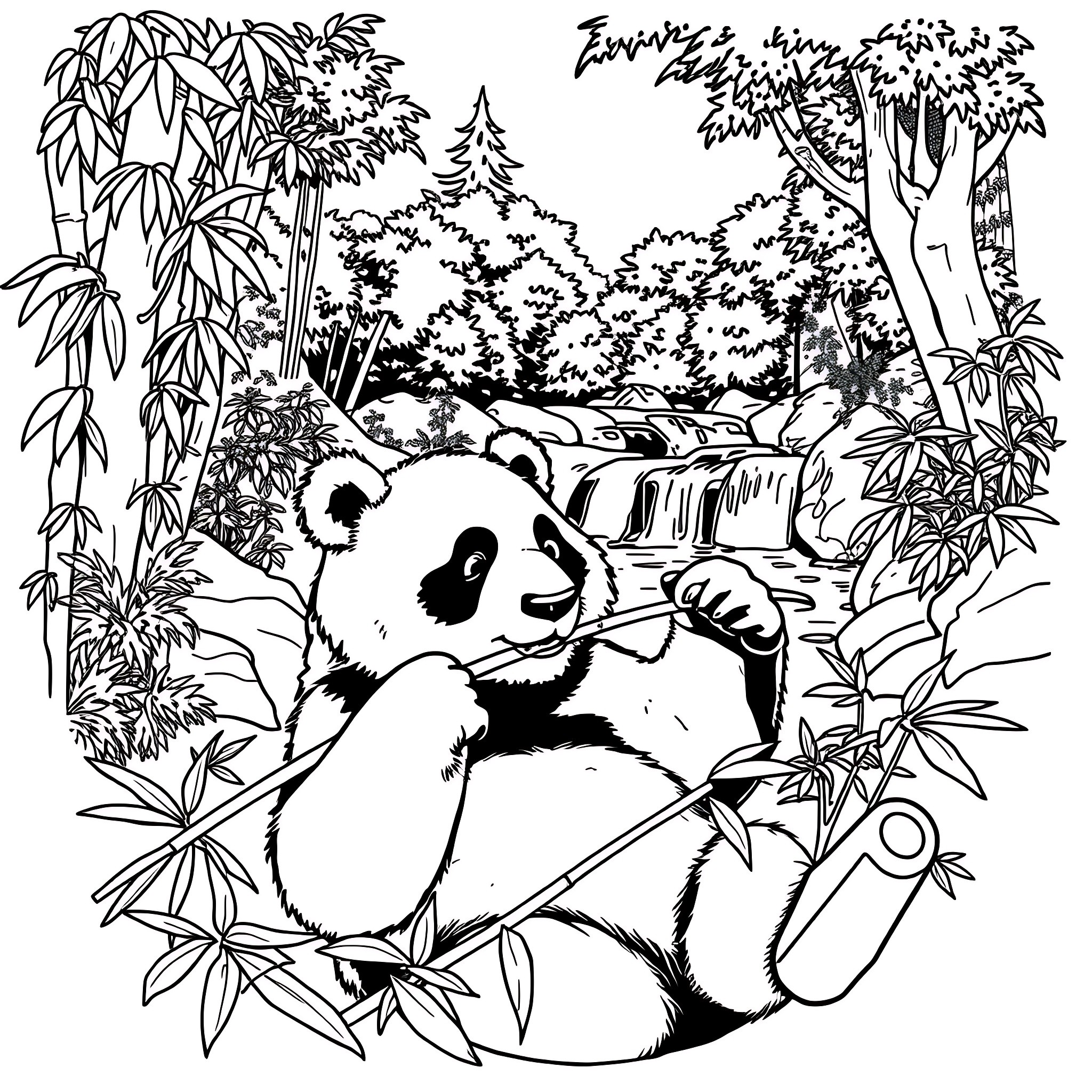 Panda enjoying tranquil forest scenery Coloring Page (free black-and-white line drawing printable PDF for all, from beginners to advanced learners, including children, teens, adults, and seniors)