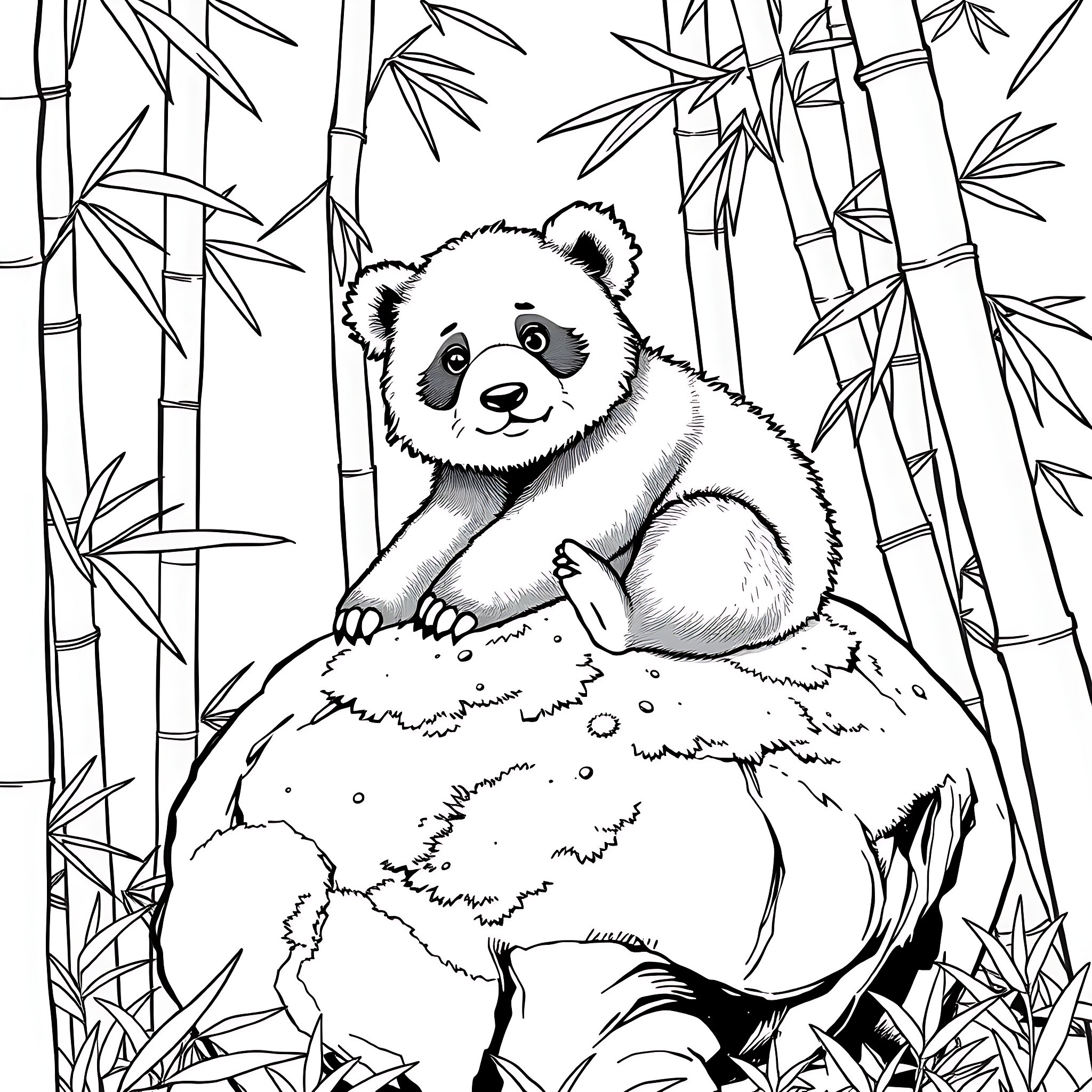 Panda resting peacefully in bamboo forest Coloring Page (free black-and-white line drawing printable PDF for all, from beginners to advanced learners, including children, teens, adults, and seniors)