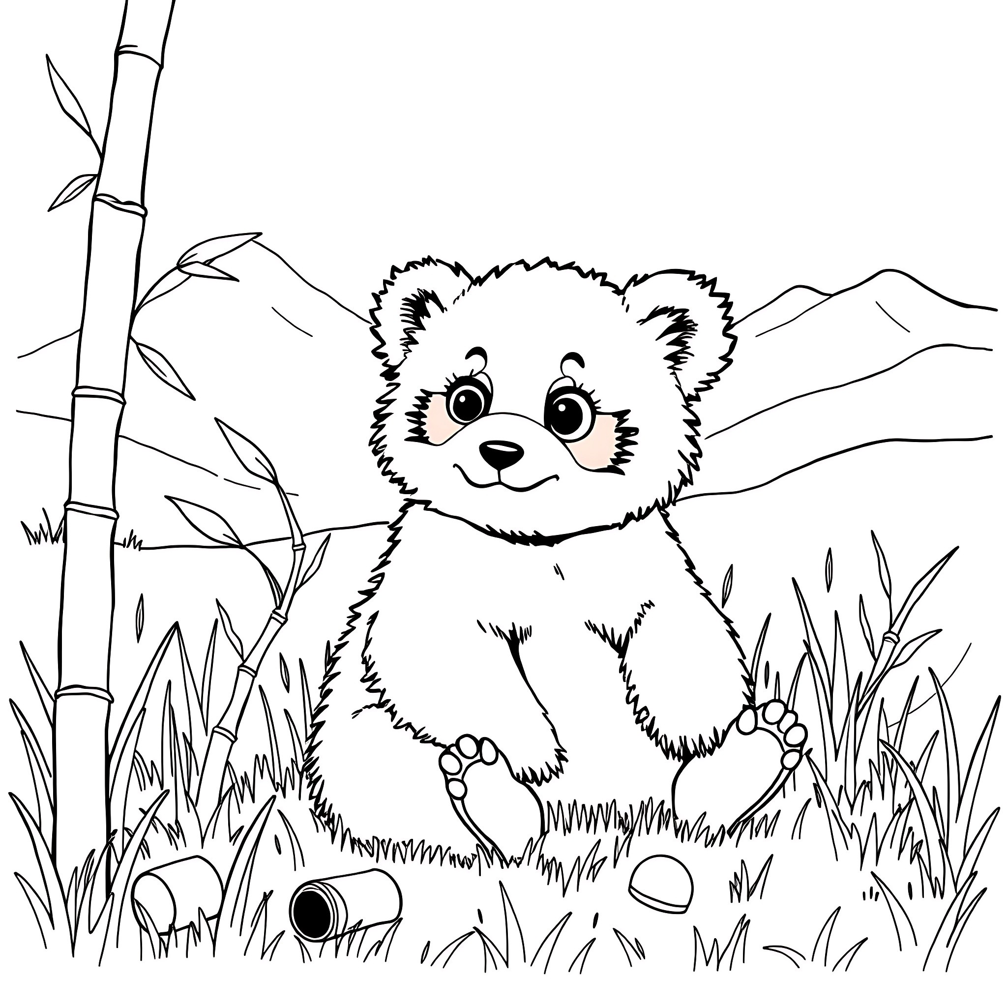 Baby Panda playing in the field Coloring Page (free black-and-white line drawing printable PDF for all, from beginners to advanced learners, including children, teens, adults, and seniors)