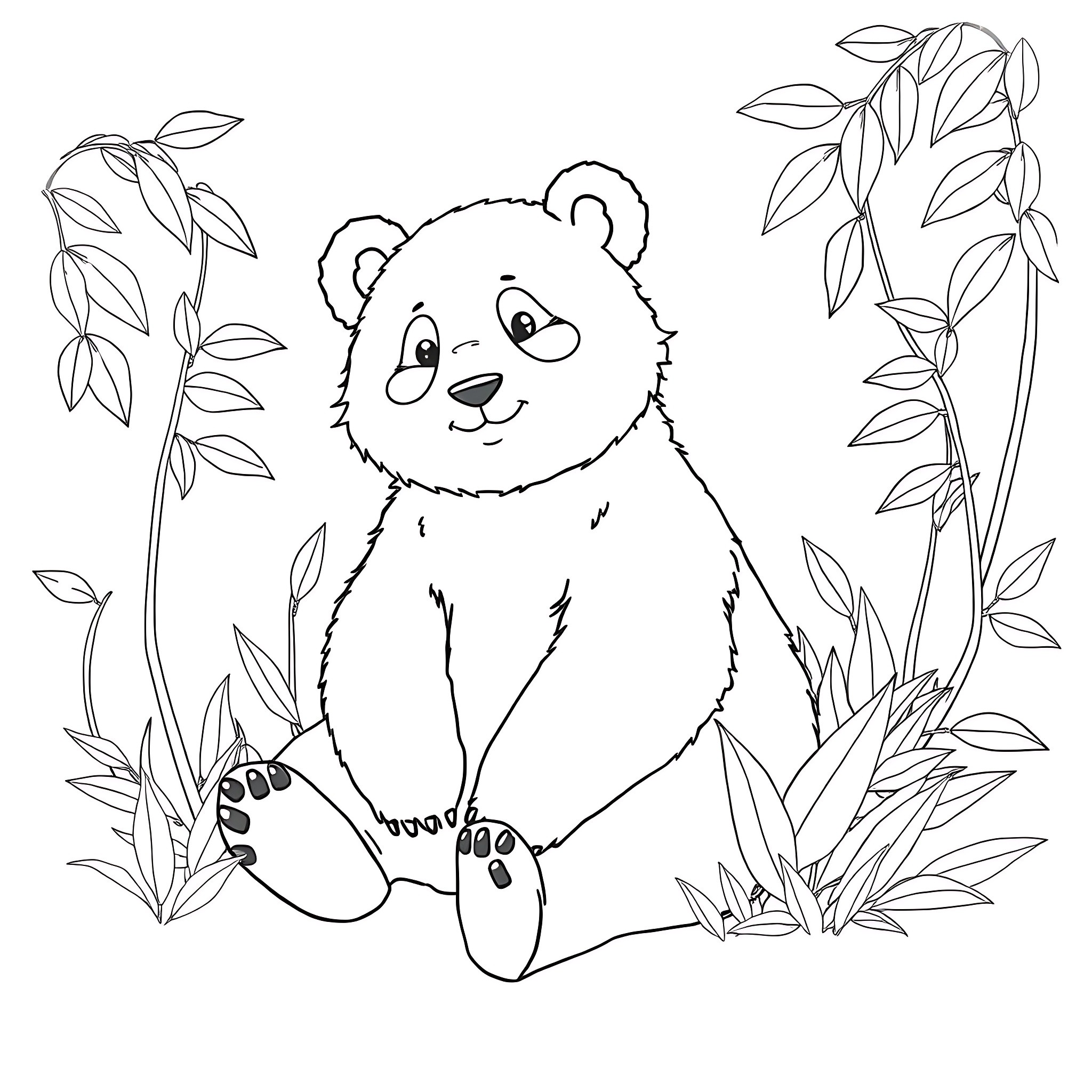 Panda in a lush forest environment Coloring Page (free black-and-white line drawing printable PDF for all, from beginners to advanced learners, including children, teens, adults, and seniors)