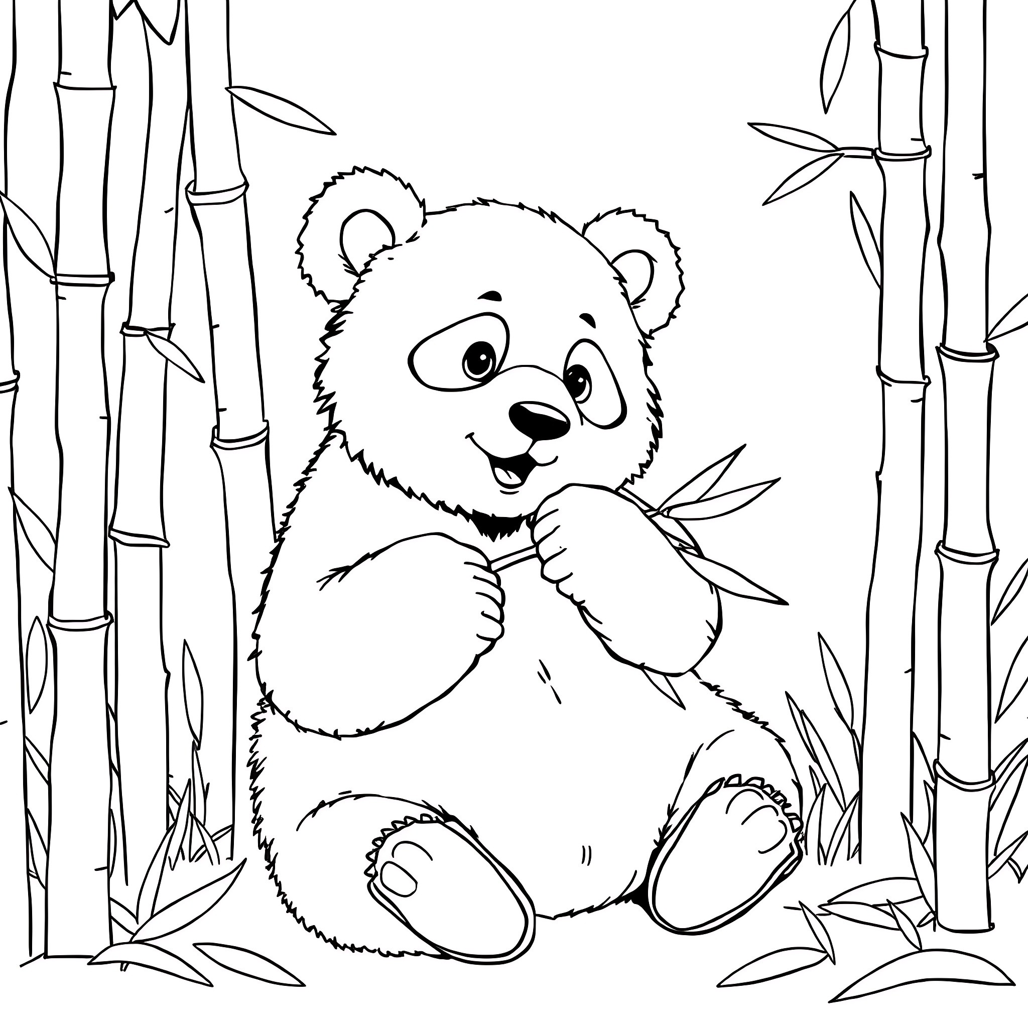 Panda cub happily eating bamboo in the forest Coloring Page (free black-and-white line drawing printable PDF for all, from beginners to advanced learners, including children, teens, adults, and seniors)
