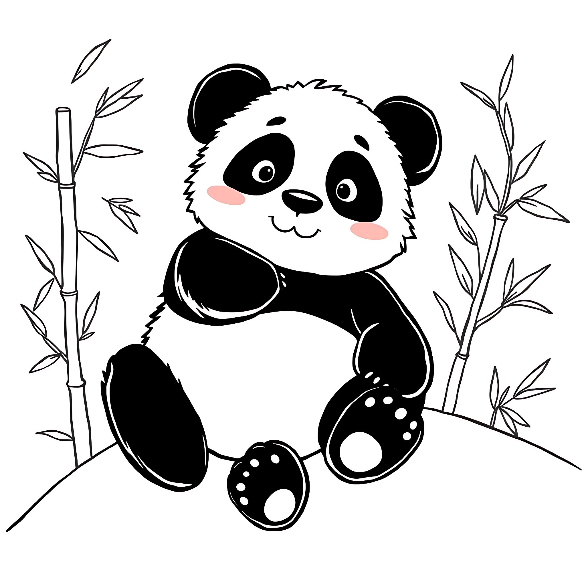 Panda Playing Amid Bamboo Stalks Coloring Page (free black-and-white line drawing printable PDF for all, from beginners to advanced learners, including children, teens, adults, and seniors)
