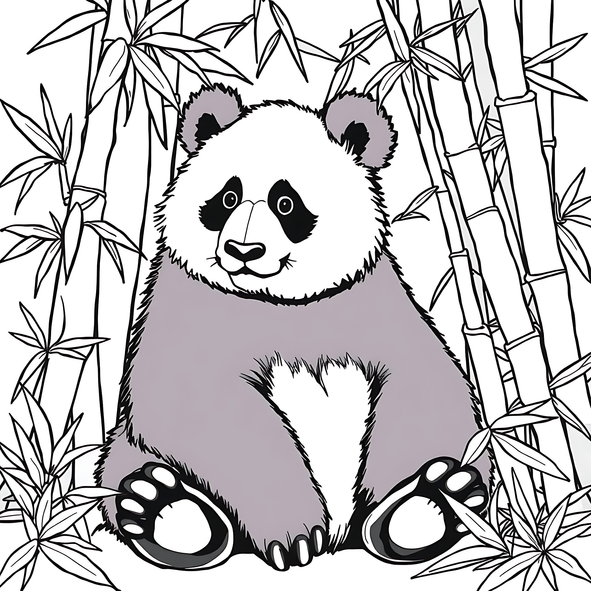 Panda sitting in bamboo forest Coloring Page (free black-and-white line drawing printable PDF for all, from beginners to advanced learners, including children, teens, adults, and seniors)