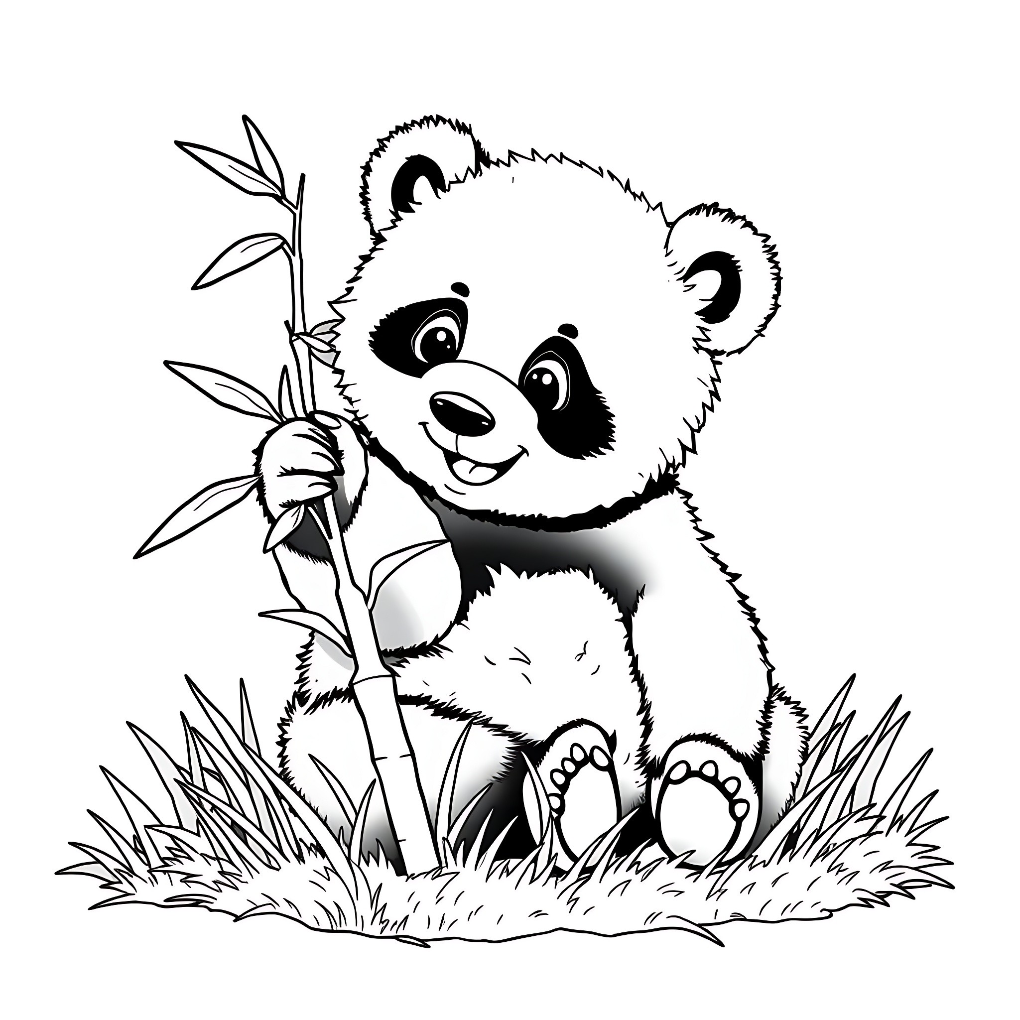 Panda cub playing with bamboo in the grass Coloring Page (free black-and-white line drawing printable PDF for all, from beginners to advanced learners, including children, teens, adults, and seniors)