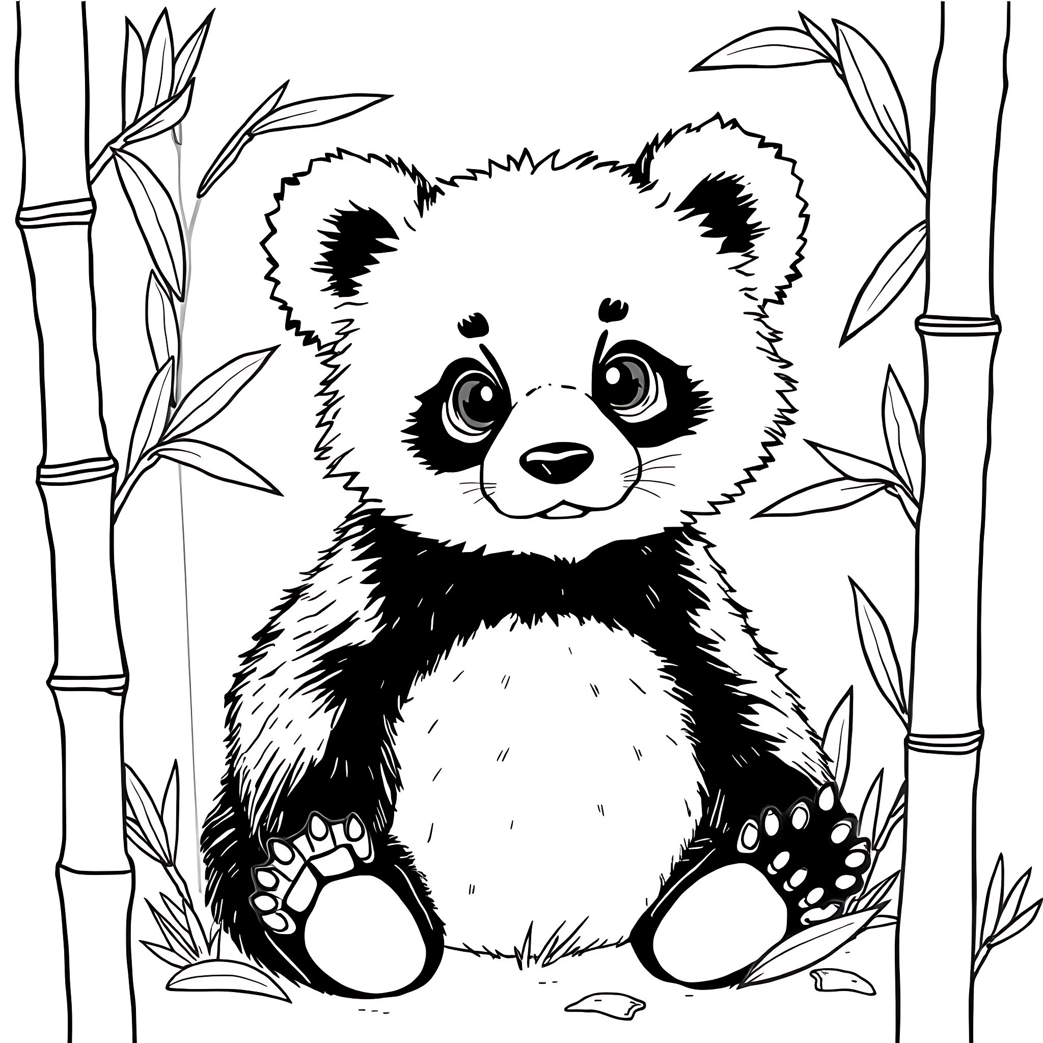Panda sitting in bamboo forest Coloring Page (free black-and-white line drawing printable PDF for all, from beginners to advanced learners, including children, teens, adults, and seniors)