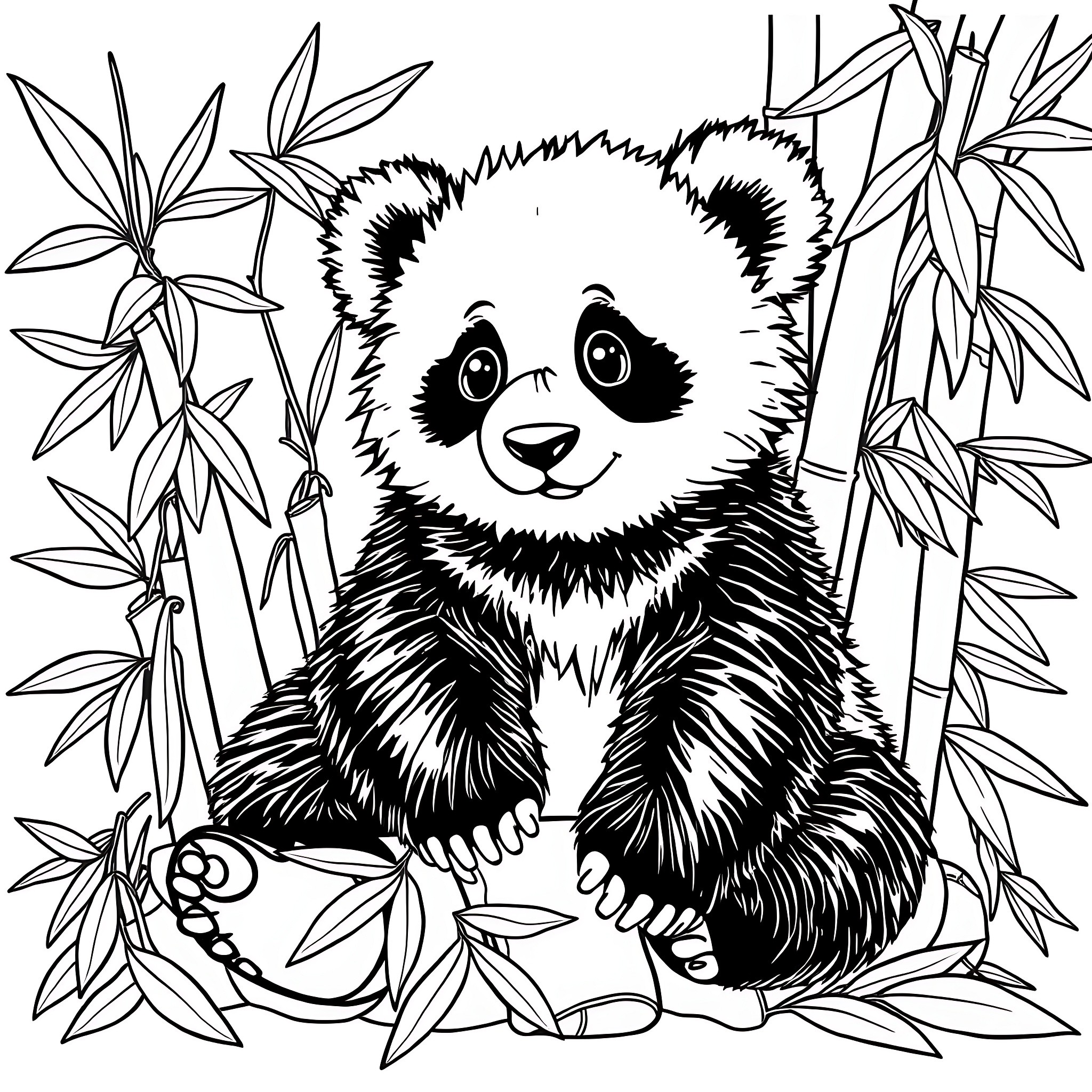 Panda sitting in bamboo forest Coloring Page (free black-and-white line drawing printable PDF for all, from beginners to advanced learners, including children, teens, adults, and seniors)