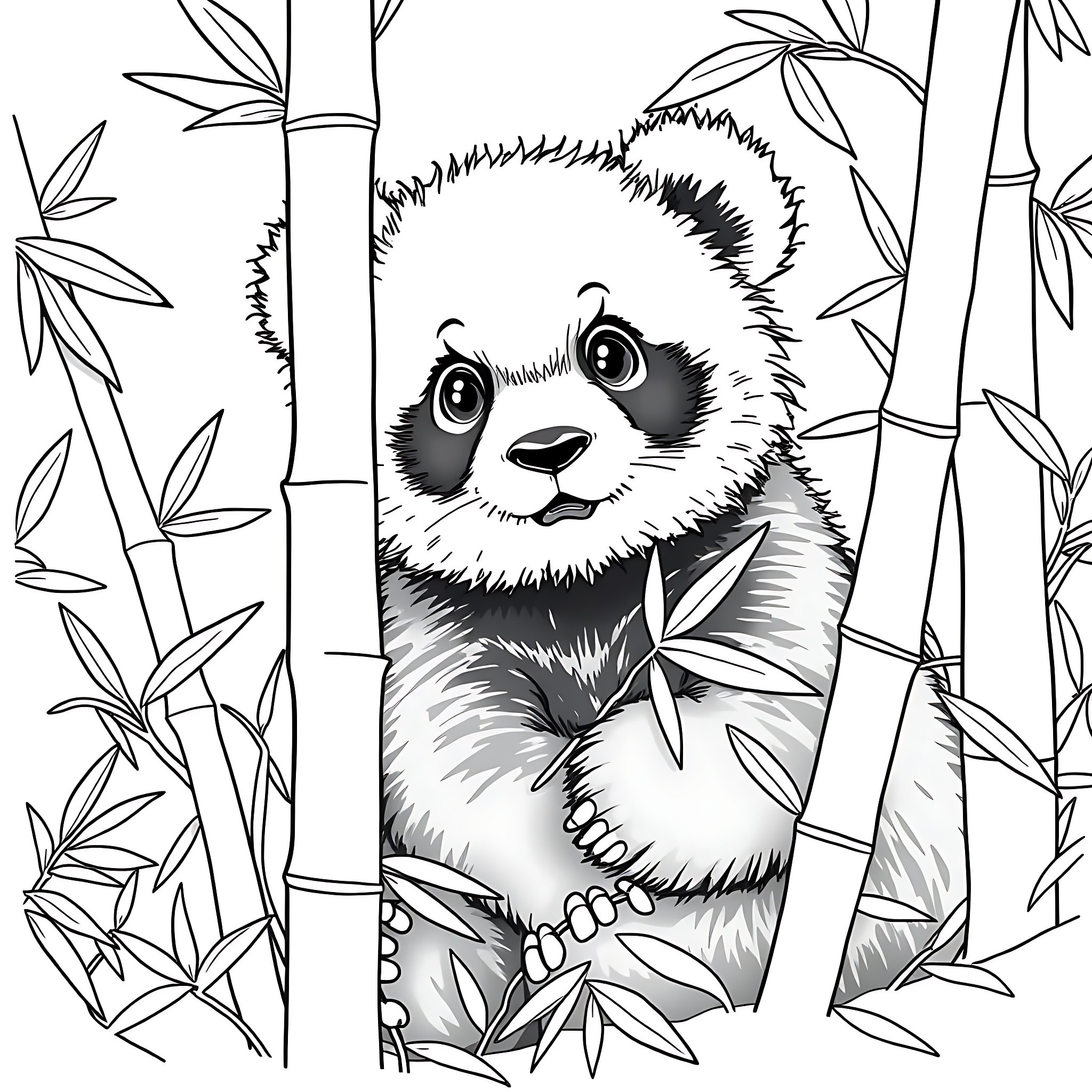 Panda in a bamboo forest Coloring Page (free black-and-white line drawing printable PDF for all, from beginners to advanced learners, including children, teens, adults, and seniors)