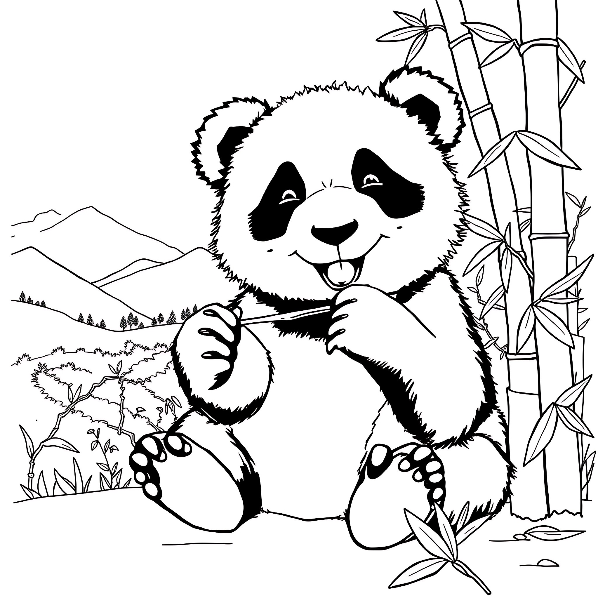 Panda exploring the bamboo forest Coloring Page (free black-and-white line drawing printable PDF for all, from beginners to advanced learners, including children, teens, adults, and seniors)