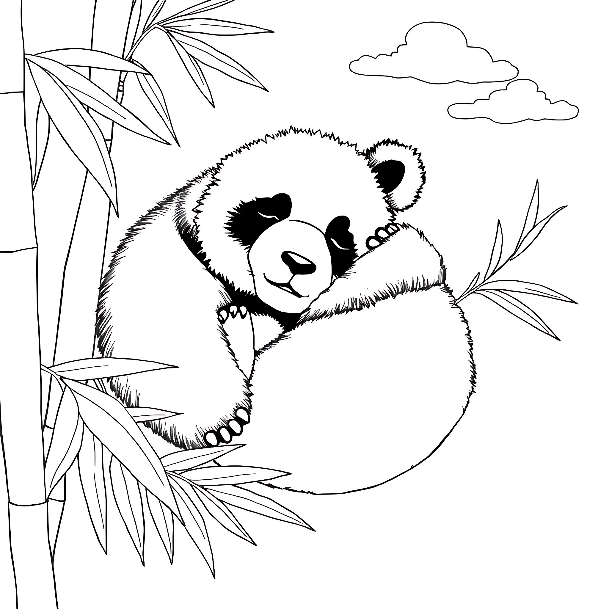 Panda resting peacefully in bamboo forest Coloring Page (free black-and-white line drawing printable PDF for all, from beginners to advanced learners, including children, teens, adults, and seniors)