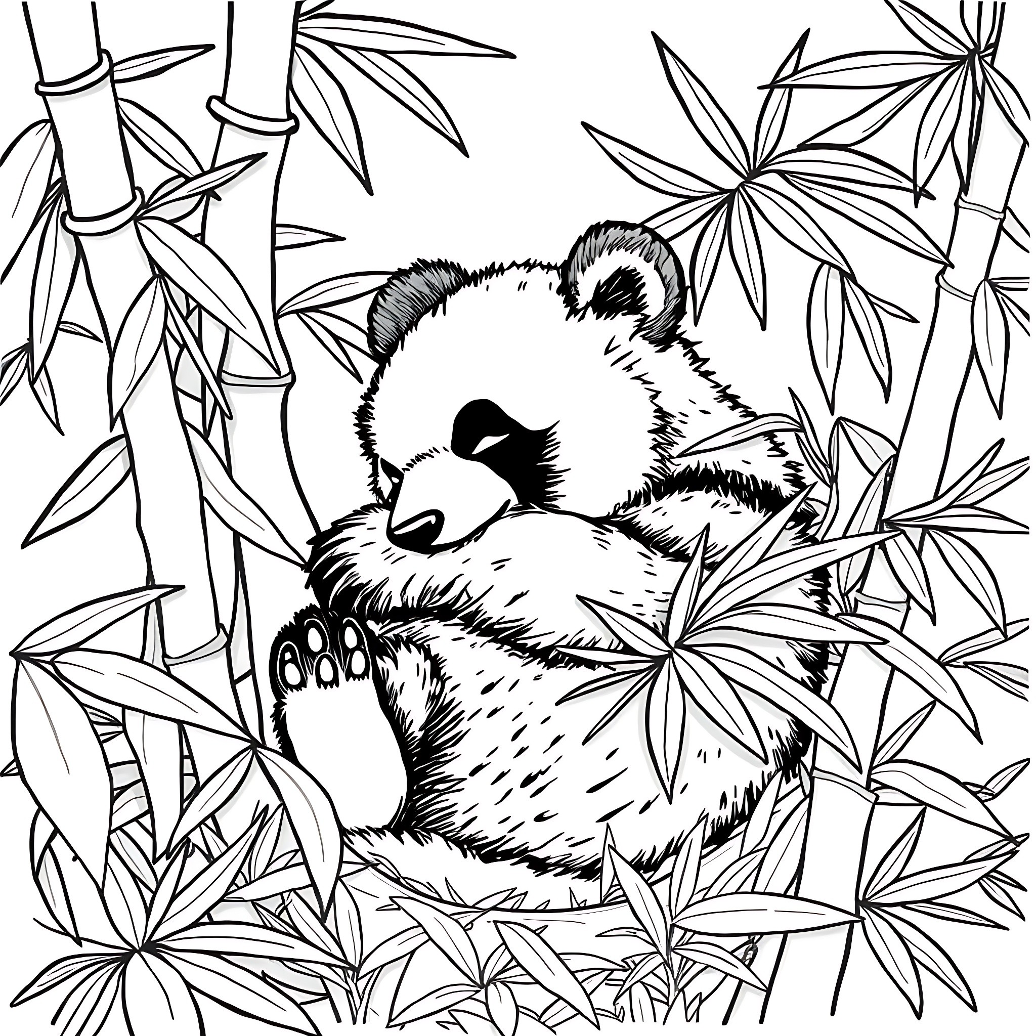 Panda resting peacefully in bamboo forest Coloring Page (free black-and-white line drawing printable PDF for all, from beginners to advanced learners, including children, teens, adults, and seniors)