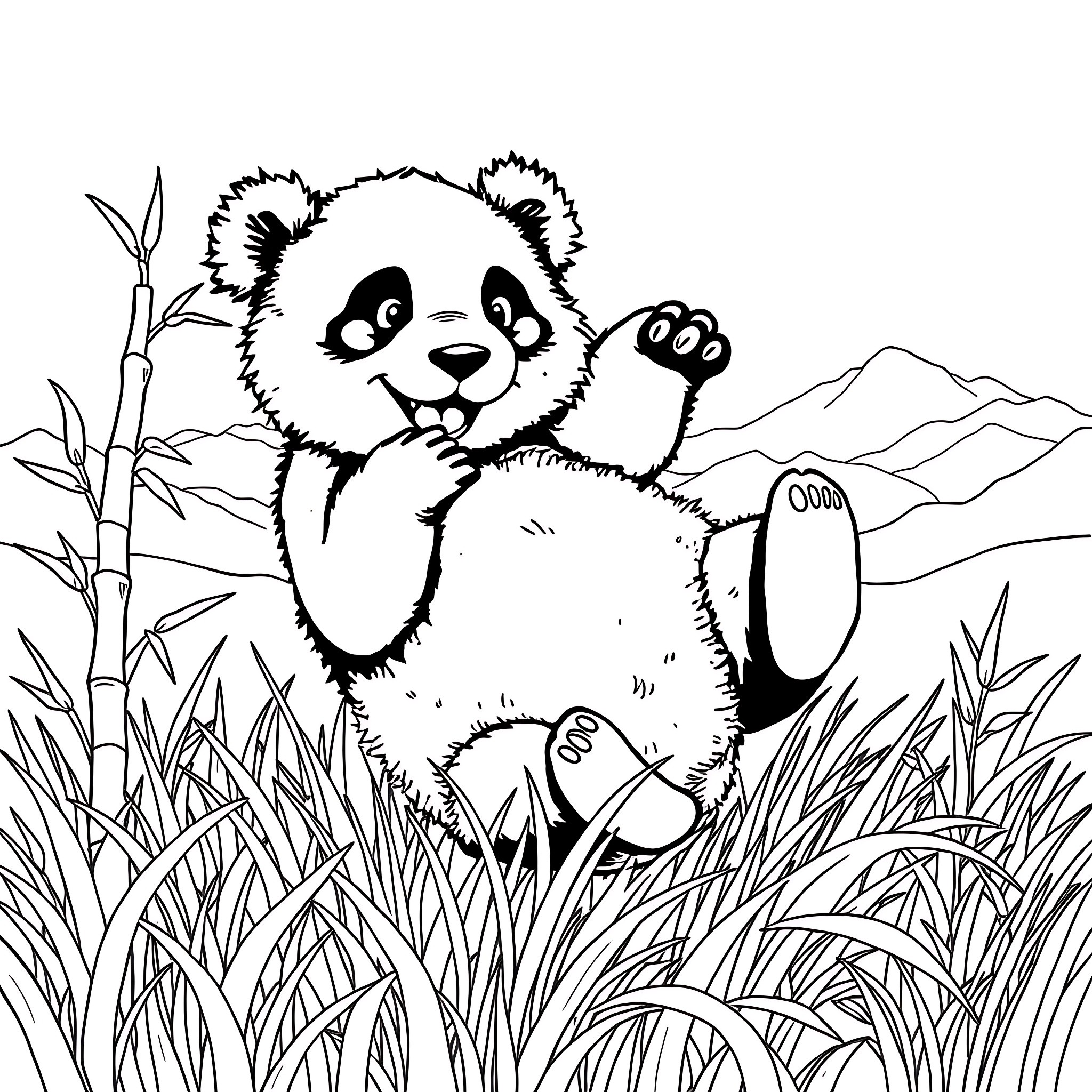 Panda playing happily in the bamboo forest Coloring Page (free black-and-white line drawing printable PDF for all, from beginners to advanced learners, including children, teens, adults, and seniors)