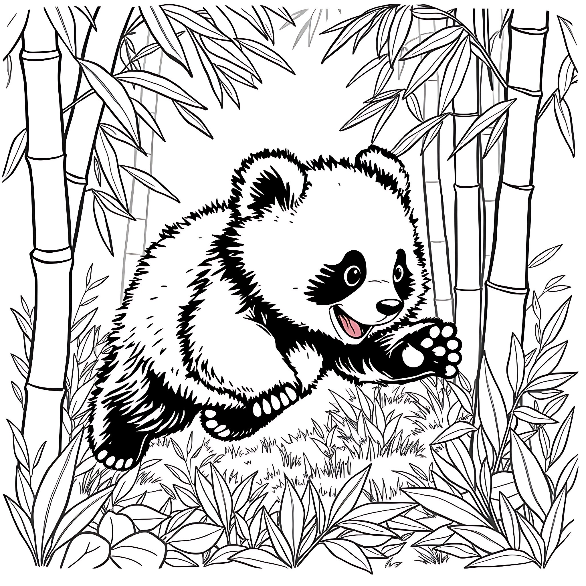 Panda playing in bamboo forest Coloring Page (free black-and-white line drawing printable PDF for all, from beginners to advanced learners, including children, teens, adults, and seniors)