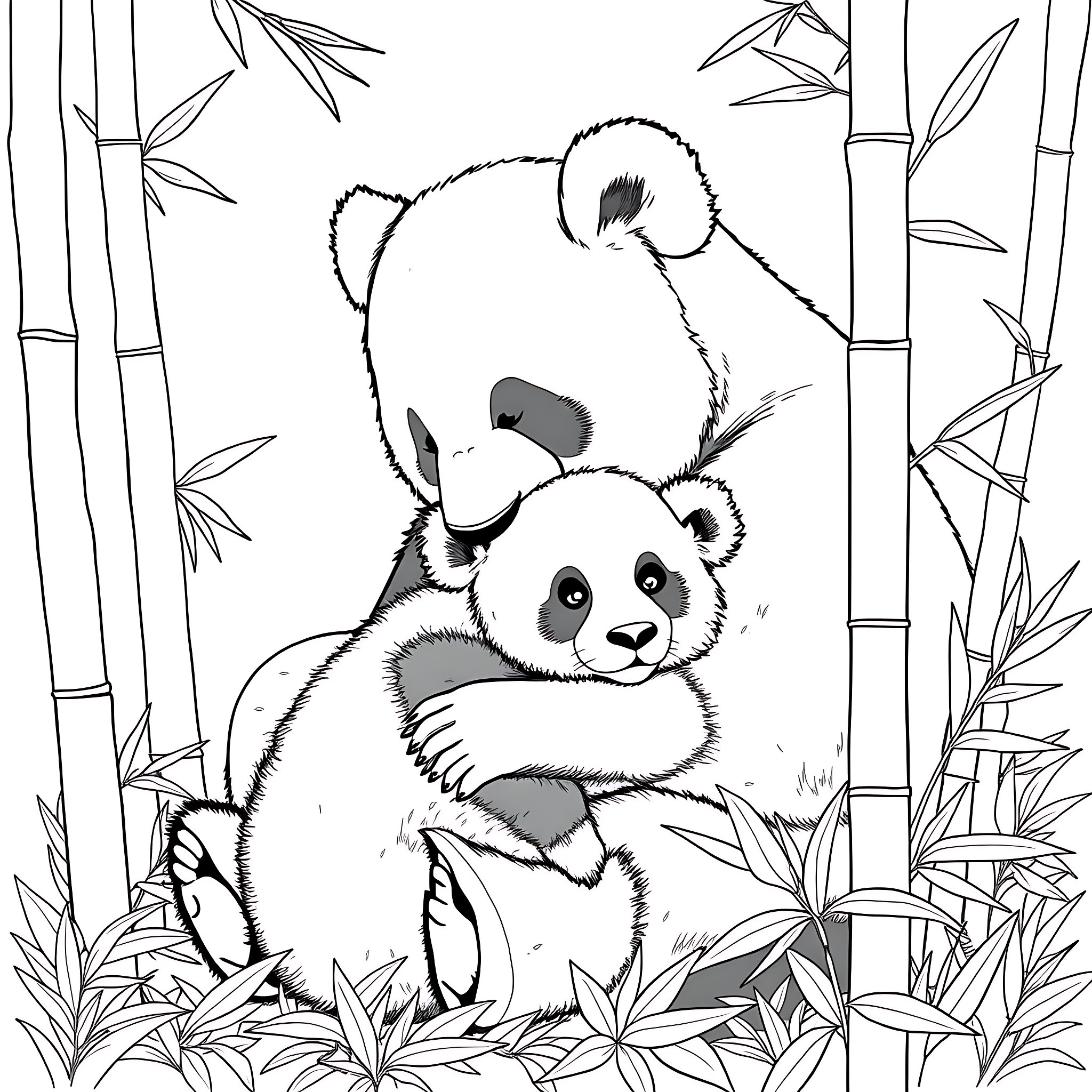 Panda bears cuddling in bamboo forest Coloring Page (free black-and-white line drawing printable PDF for all, from beginners to advanced learners, including children, teens, adults, and seniors)