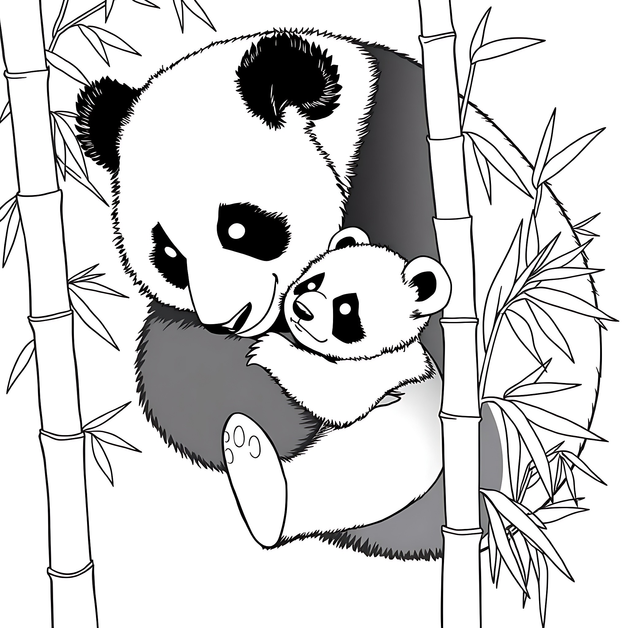 Panda bears cuddling in bamboo forest Coloring Page (free black-and-white line drawing printable PDF for all, from beginners to advanced learners, including children, teens, adults, and seniors)
