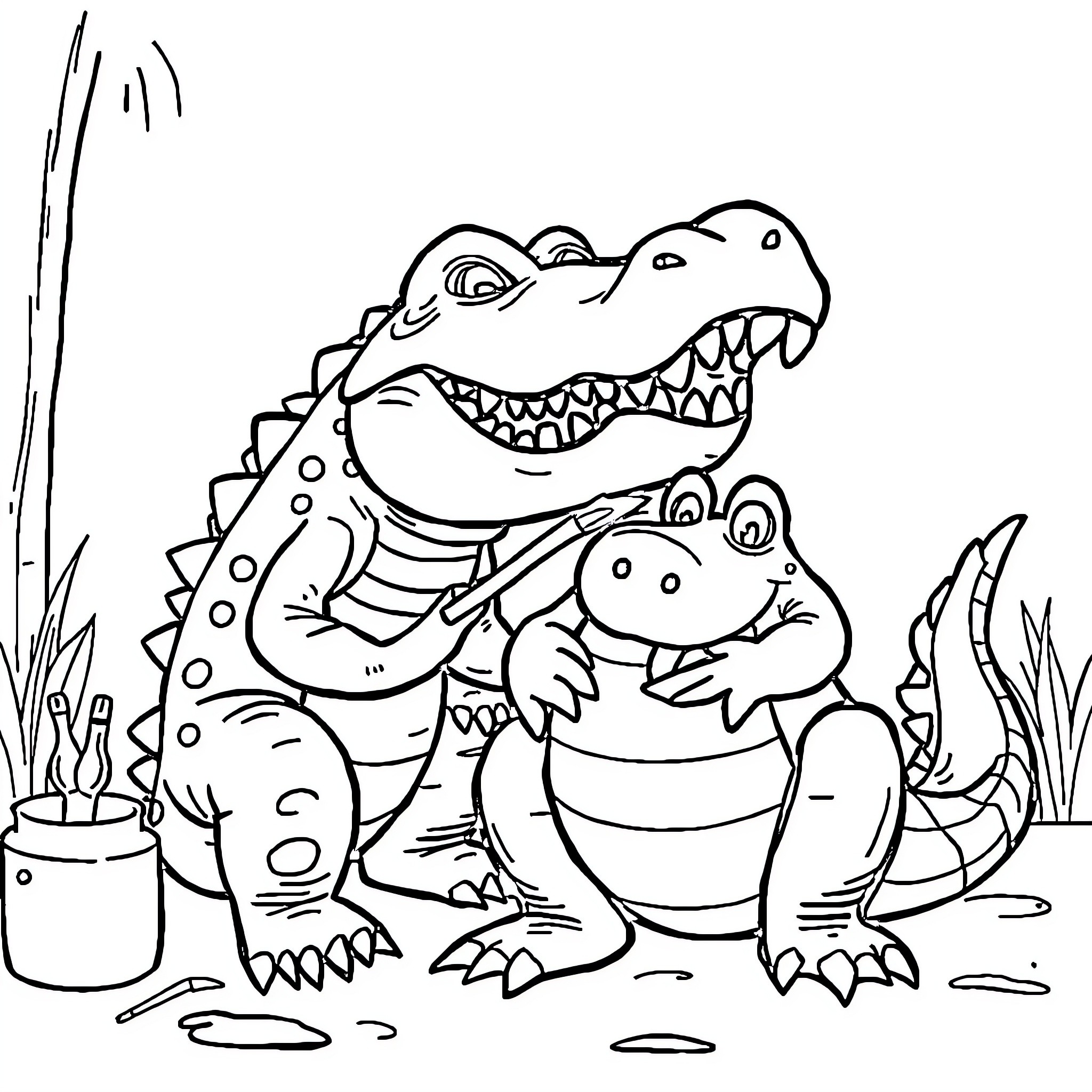 Corkodilo and friendly critters in the wild Coloring Page (free black-and-white line drawing printable PDF for all, from beginners to advanced learners, including children, teens, adults, and seniors)