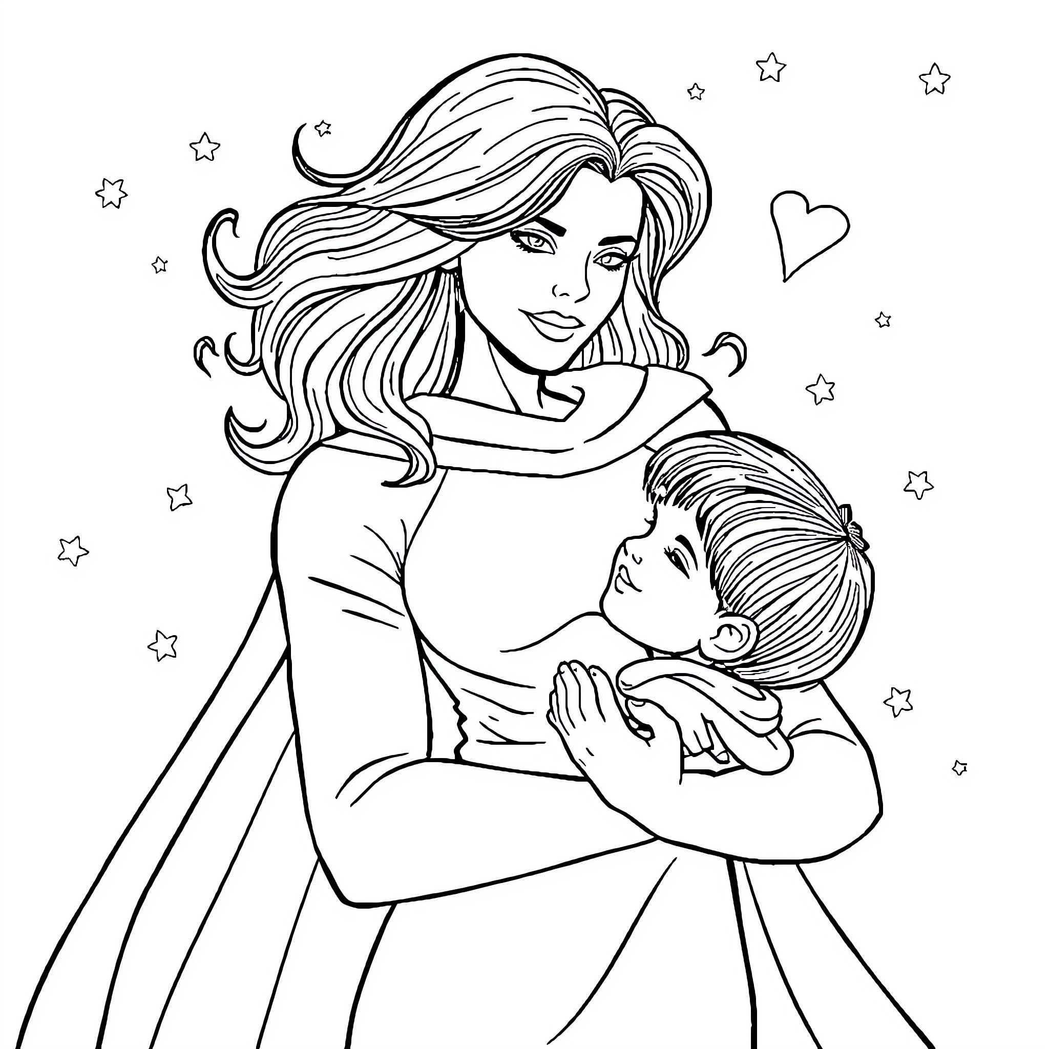 Mother embracing child with affection and care Coloring Page (free black-and-white line drawing printable PDF for all, from beginners to advanced learners, including children, teens, adults, and seniors)