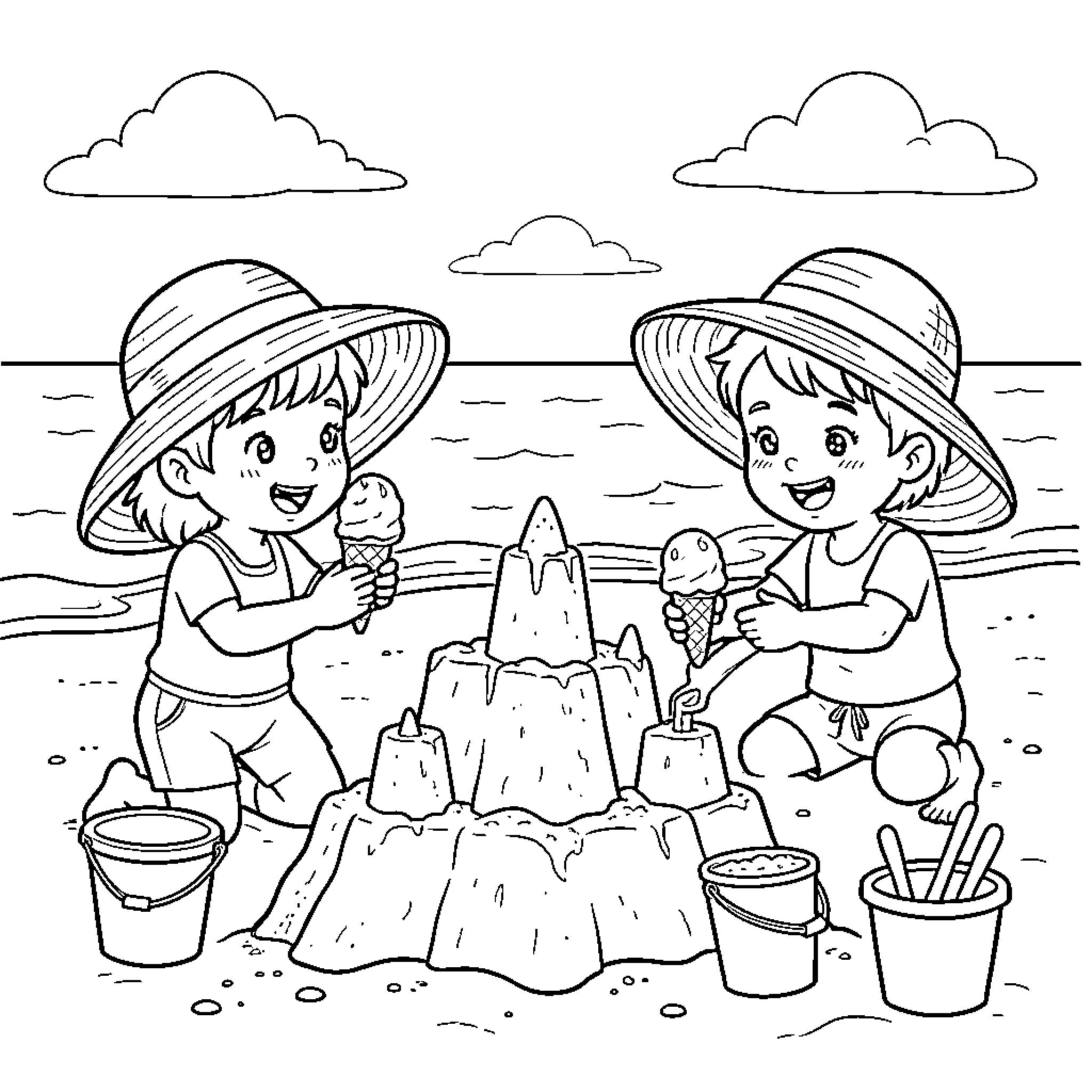 Kid building sandcastles and eating ice cream Coloring Page (free black-and-white line drawing printable PDF for all, from beginners to advanced learners, including children, teens, adults, and seniors)