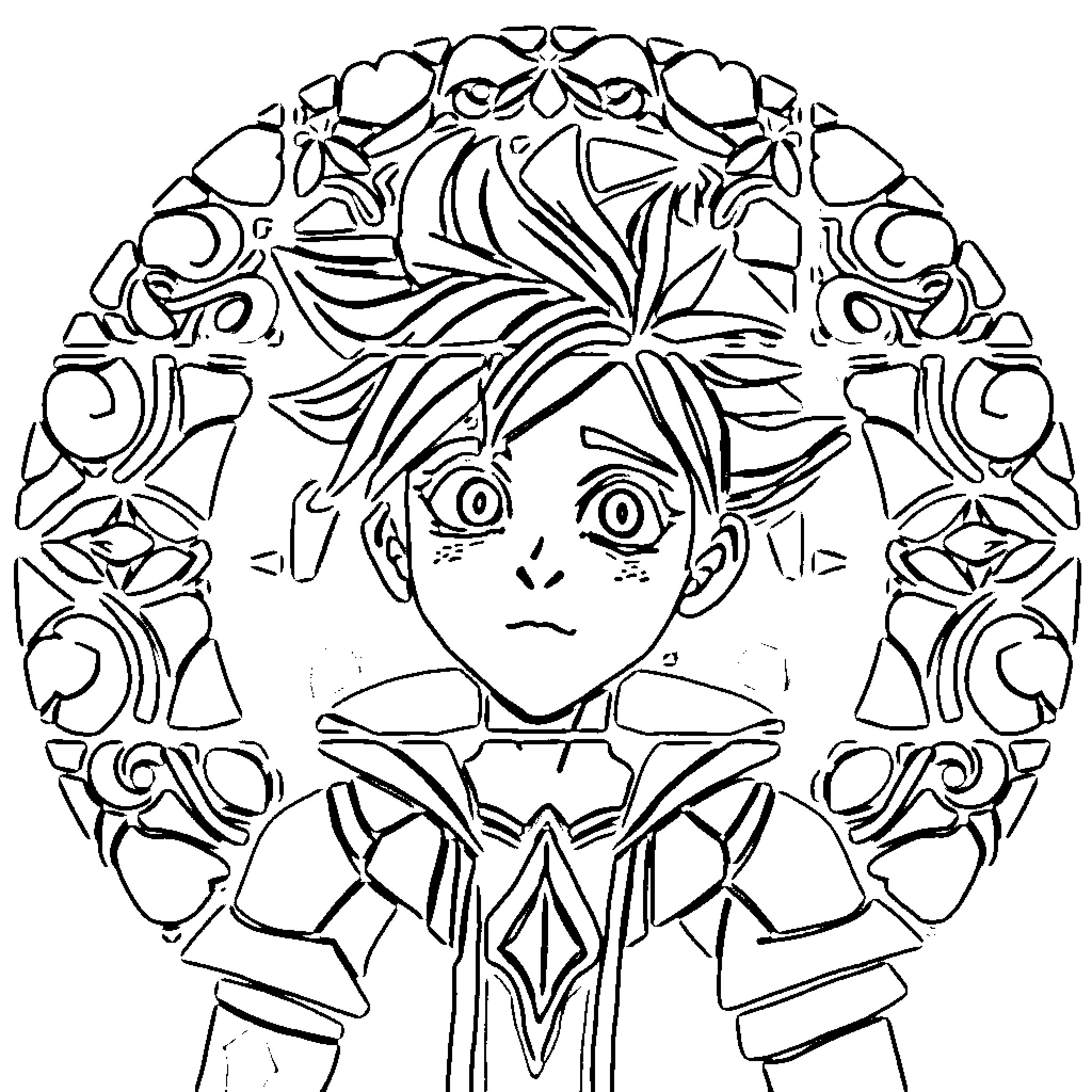 Roxas in a floral and abstract illustration Coloring Page (free black-and-white line drawing printable PDF for all, from beginners to advanced learners, including children, teens, adults, and seniors)