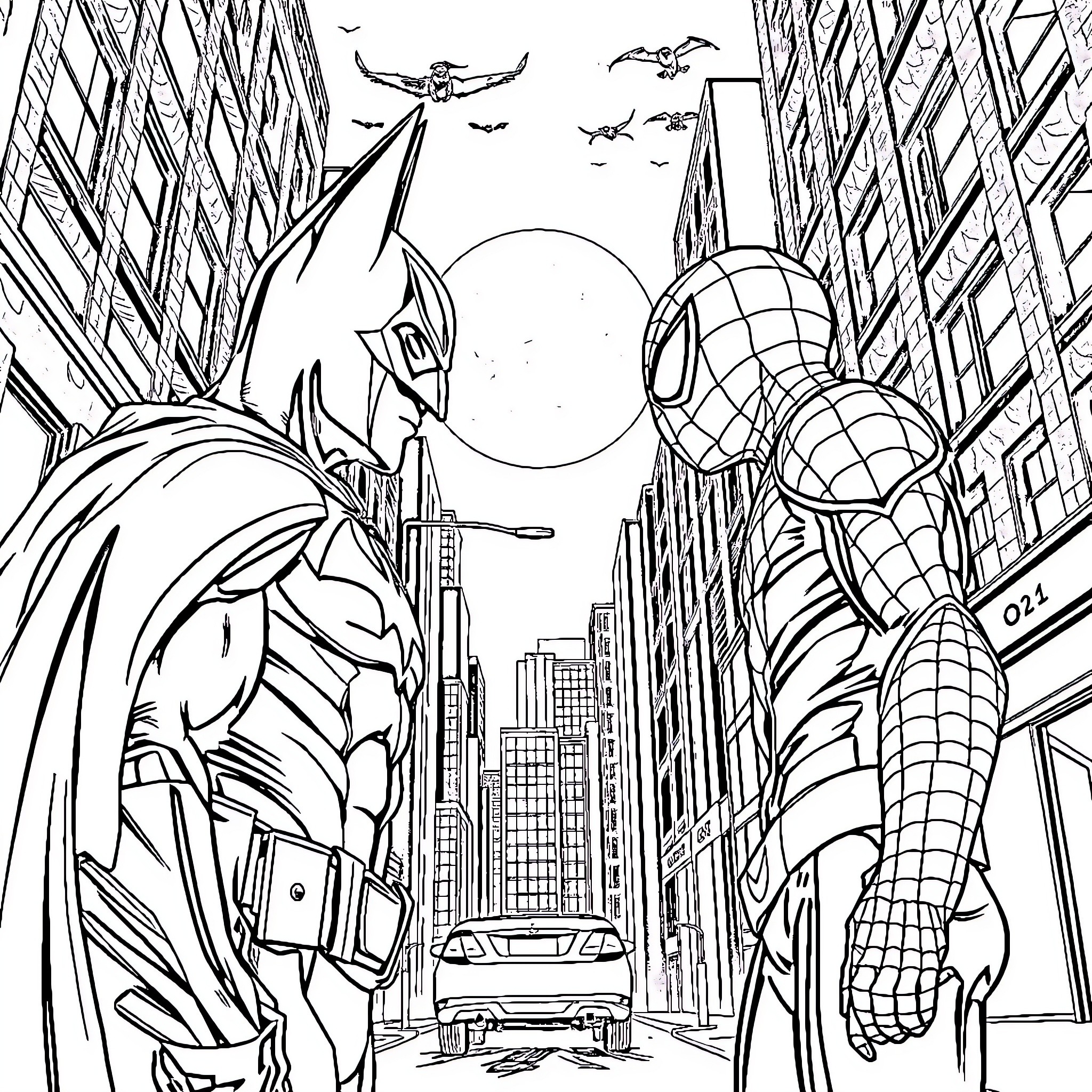 Batman and Spider-Man heroic action in the city Coloring Page (free black-and-white line drawing printable PDF for all, from beginners to advanced learners, including children, teens, adults, and seniors)