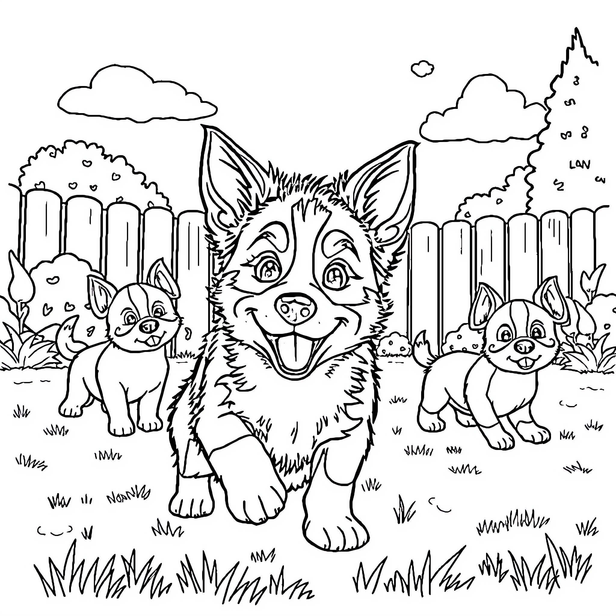 Bluey and Bingo playing happily in the backyard Coloring Page (free black-and-white line drawing printable PDF for all, from beginners to advanced learners, including children, teens, adults, and seniors)